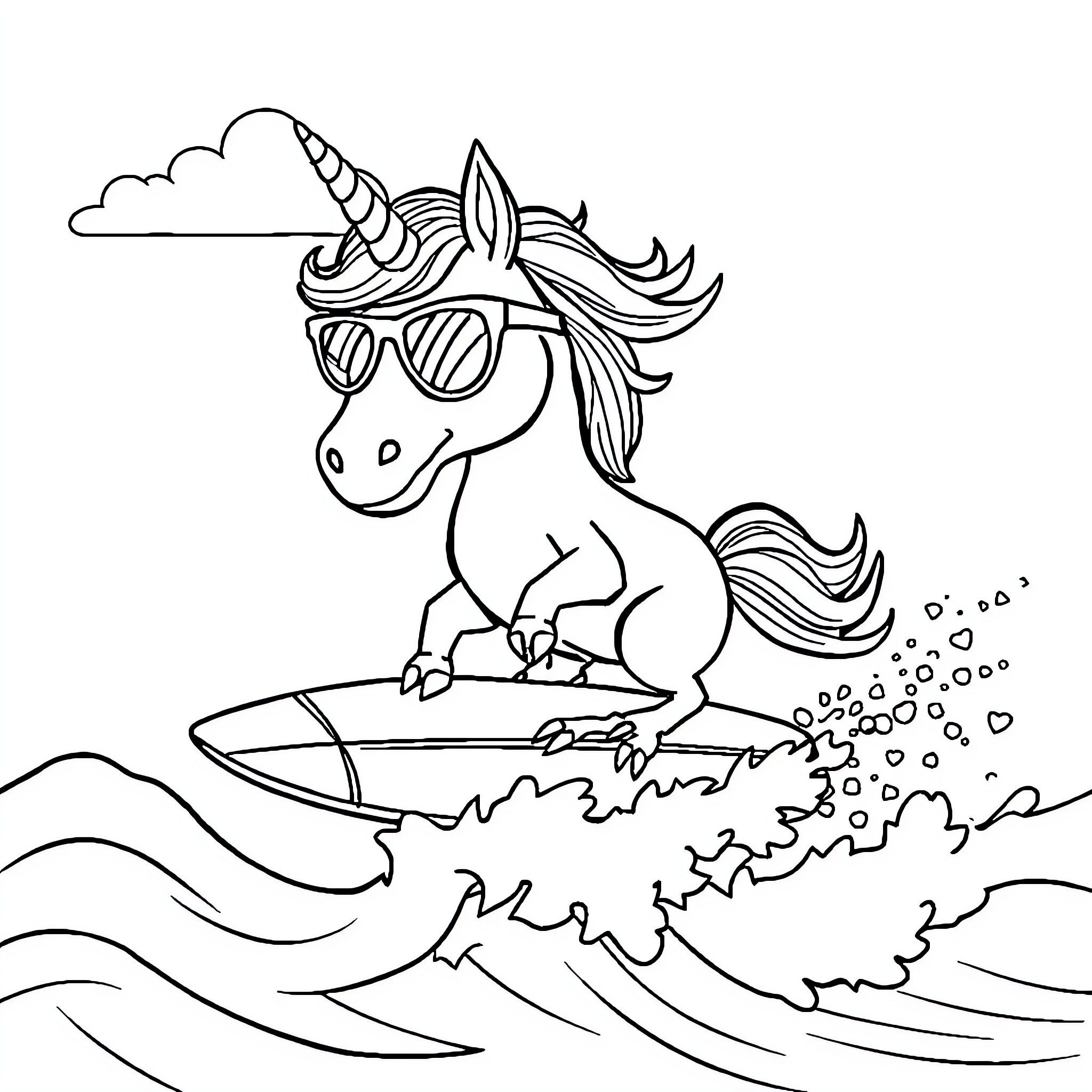 Unicorn surfing the waves with sunglasses Coloring Page (free black-and-white line drawing printable PDF for all, from beginners to advanced learners, including children, teens, adults, and seniors)