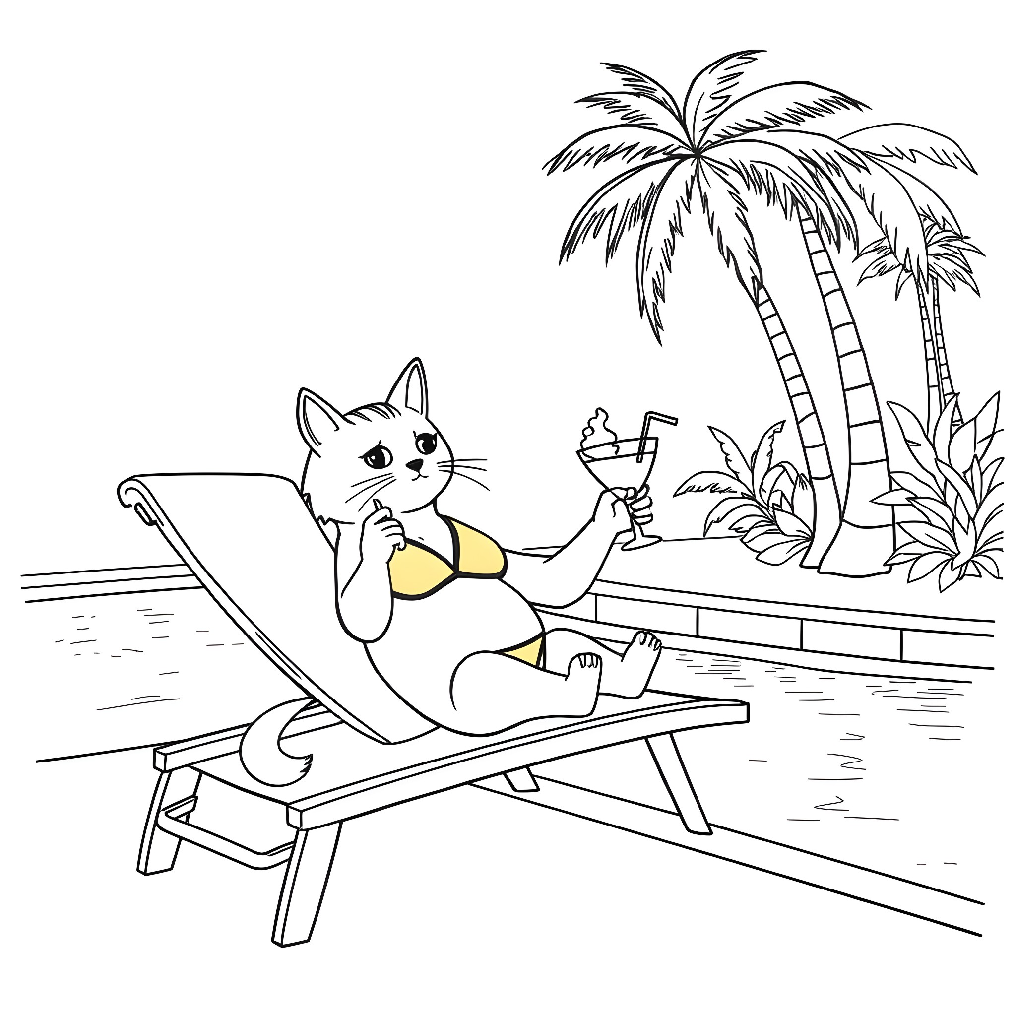 Cat relaxing at the beach with a drink Coloring Page (free black-and-white line drawing printable PDF for all, from beginners to advanced learners, including children, teens, adults, and seniors)