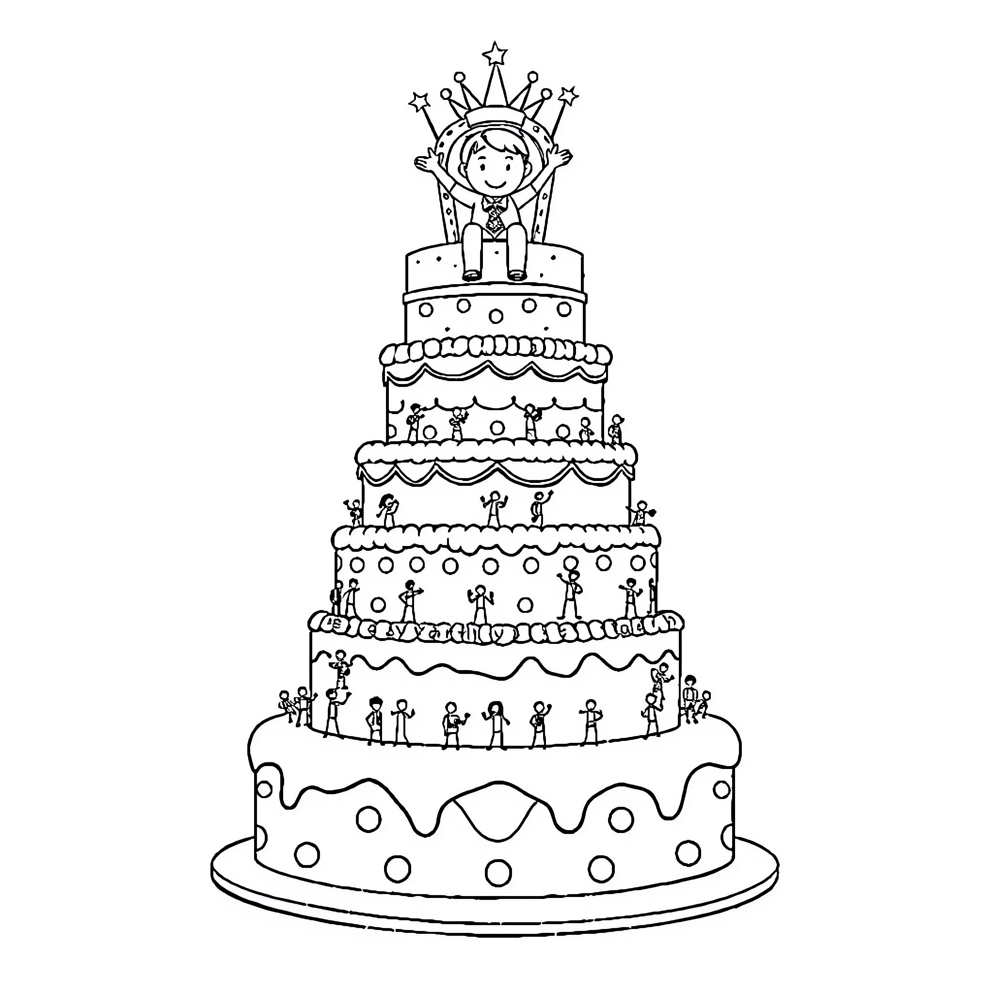Birthday Cake Celebration with Figures Coloring Page (free black-and-white line drawing printable PDF for all, from beginners to advanced learners, including children, teens, adults, and seniors)