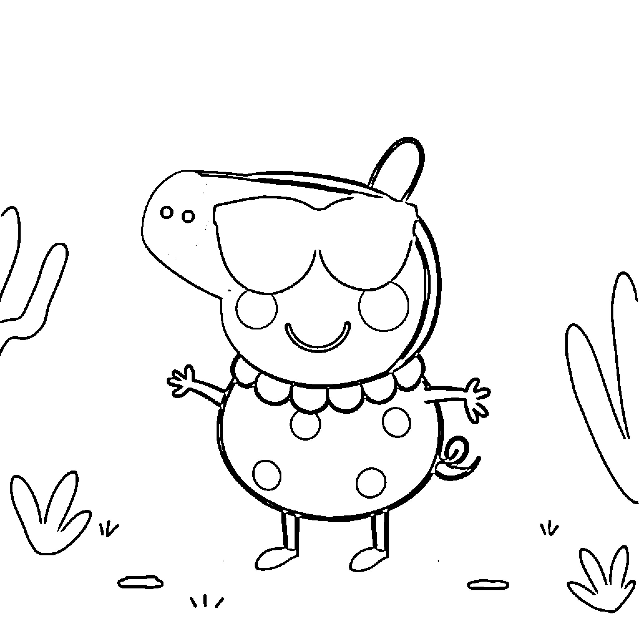 Peppa Pig playing happily in the garden Coloring Page (free black-and-white line drawing printable PDF for all, from beginners to advanced learners, including children, teens, adults, and seniors)