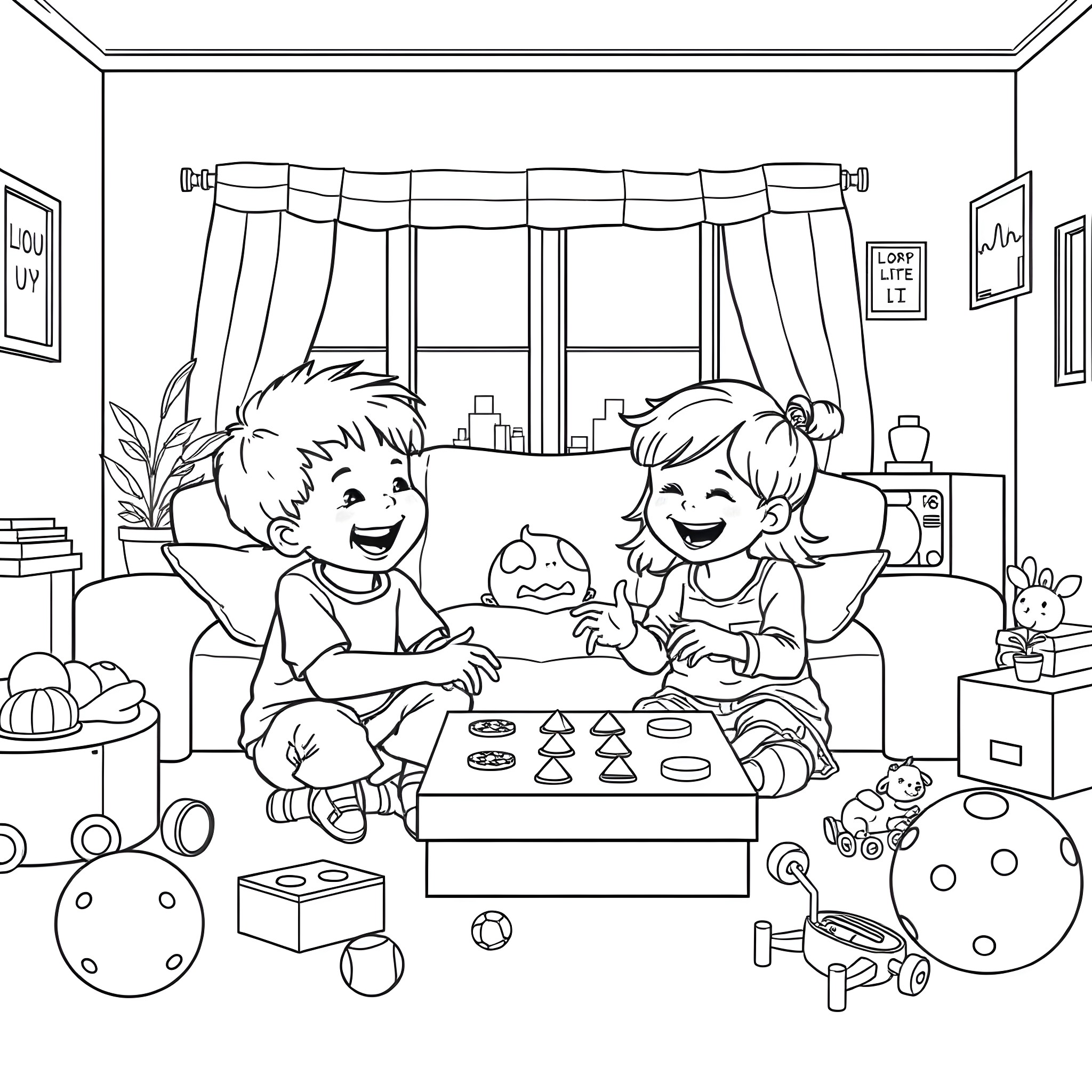 Sibling playing together in cozy room Coloring Page (free black-and-white line drawing printable PDF for all, from beginners to advanced learners, including children, teens, adults, and seniors)