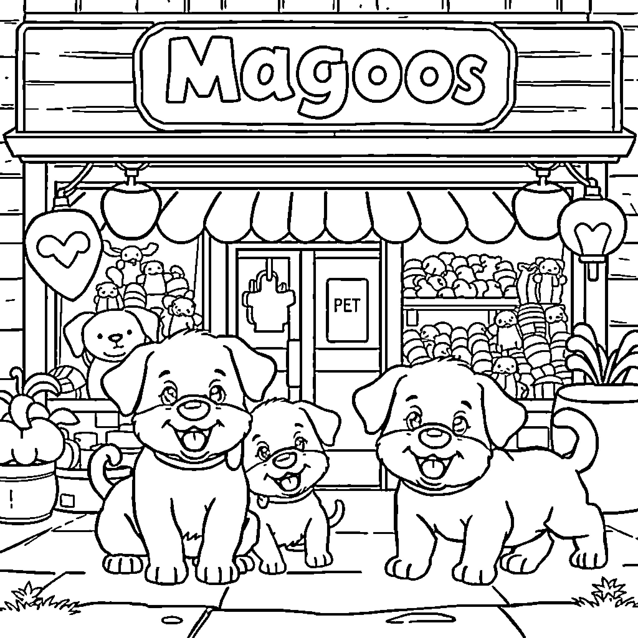 Puppies playing outside the Magoos pet store Coloring Page (free black-and-white line drawing printable PDF for all, from beginners to advanced learners, including children, teens, adults, and seniors)