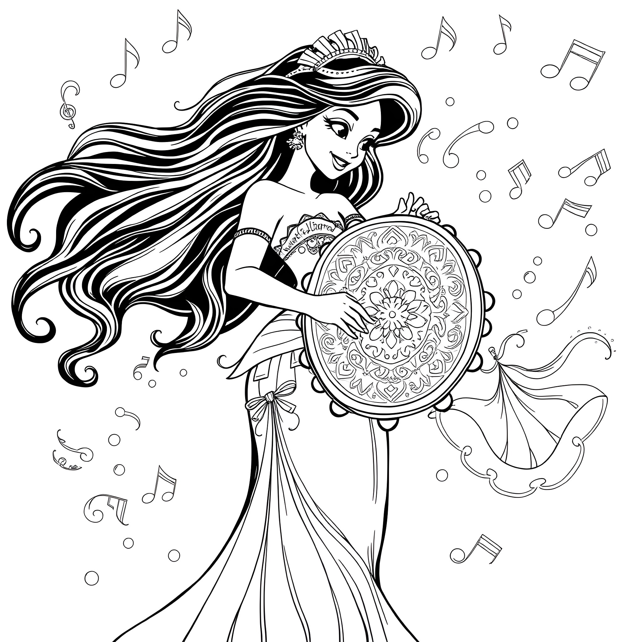 Esmeralda's Enchanting Musical Performance Coloring Page (free black-and-white line drawing printable PDF for all, from beginners to advanced learners, including children, teens, adults, and seniors)