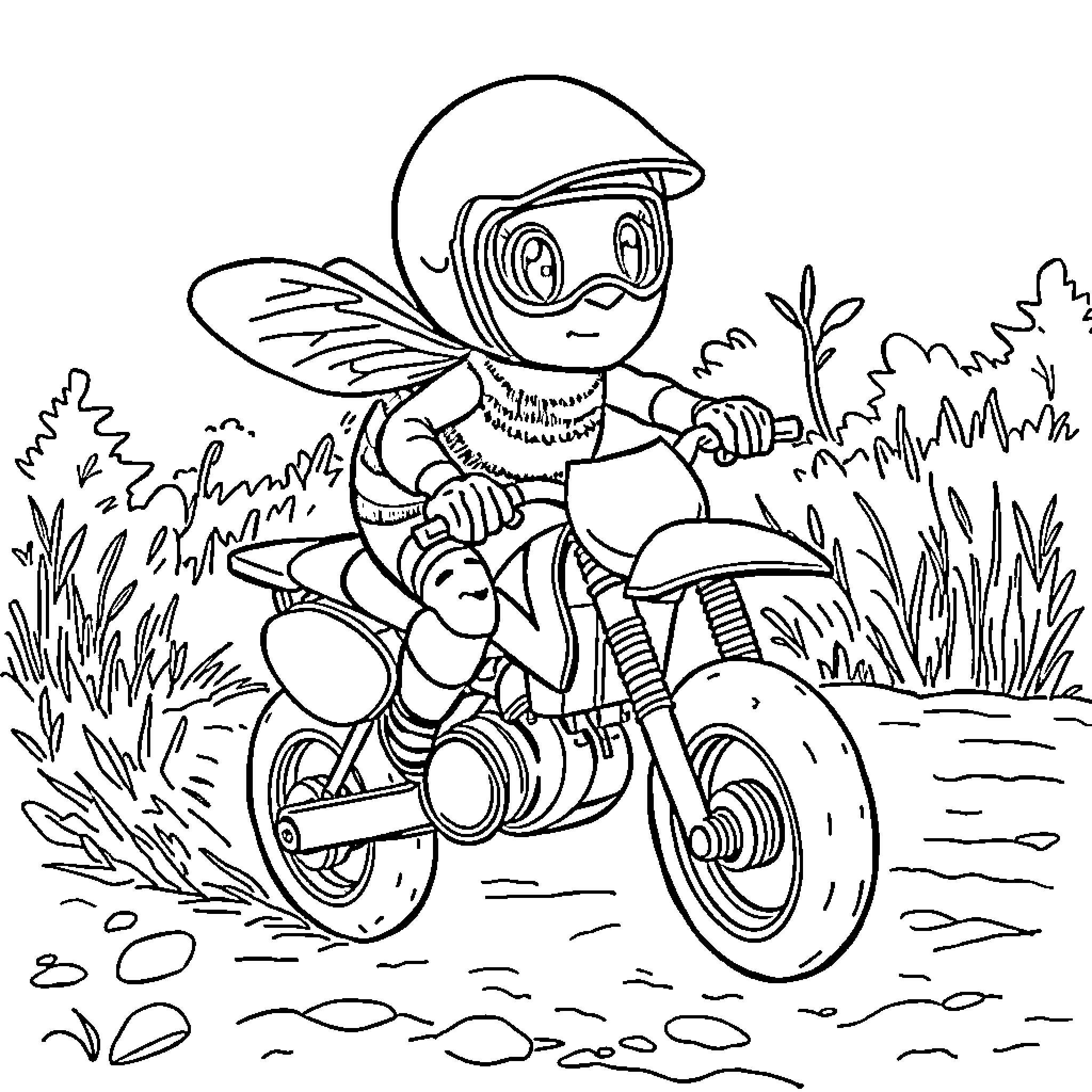 Bee riding a motorcycle on a nature trail Coloring Page (free black-and-white line drawing printable PDF for all, from beginners to advanced learners, including children, teens, adults, and seniors)