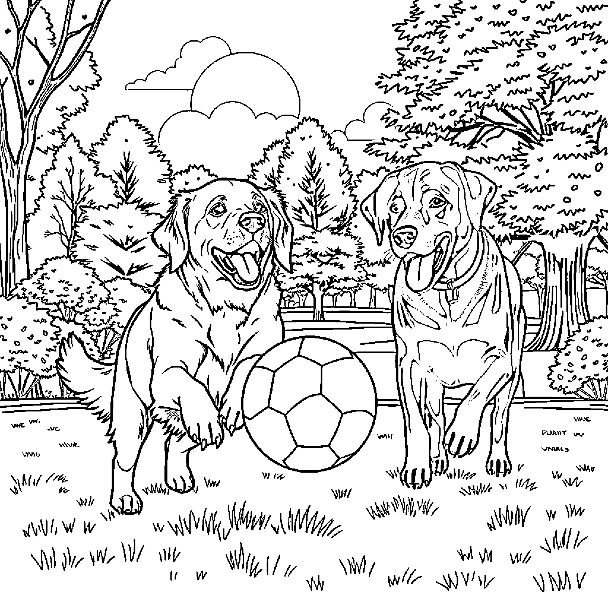 Dog playing happily with soccer ball in the park Coloring Page (free black-and-white line drawing printable PDF for all, from beginners to advanced learners, including children, teens, adults, and seniors)