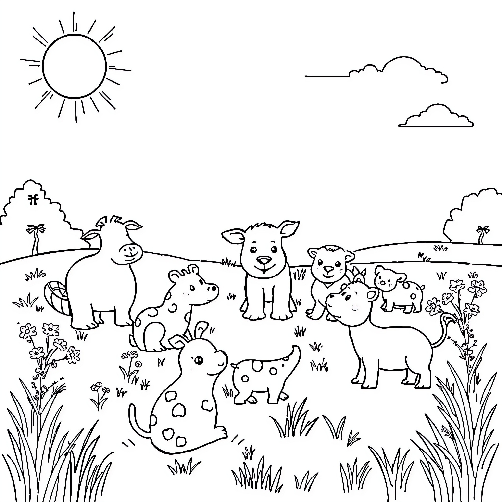 Animal friends playing in a peaceful meadow Coloring Page (free black-and-white line drawing printable PDF for all, from beginners to advanced learners, including children, teens, adults, and seniors)