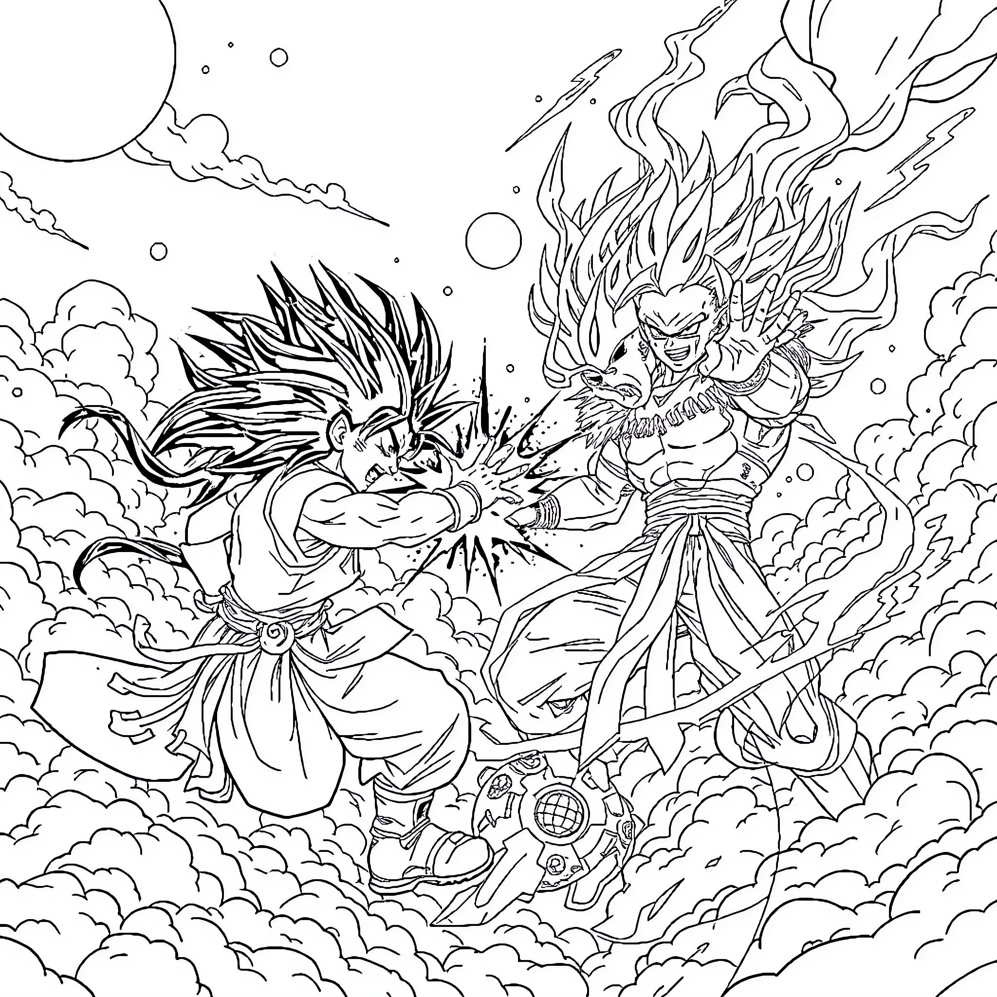 Songoku's Fiery Clash with Rival in Cosmic Battle Coloring Page (free black-and-white line drawing printable PDF for all, from beginners to advanced learners, including children, teens, adults, and seniors)