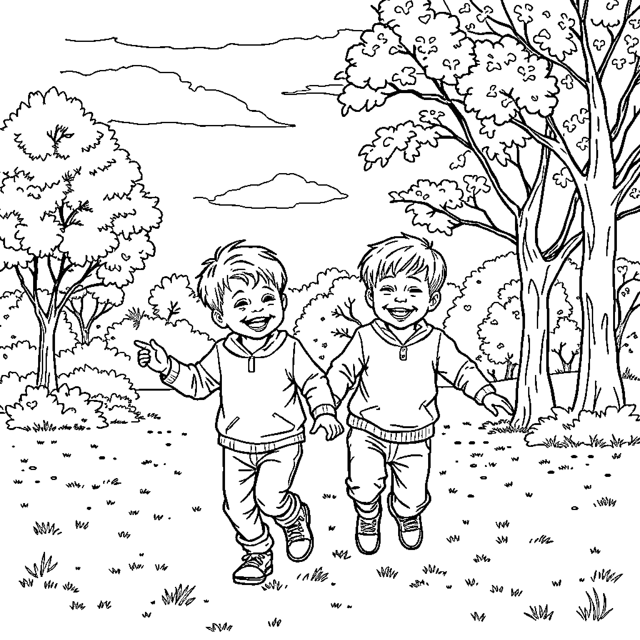 Boy friends exploring the outdoors happily Coloring Page (free black-and-white line drawing printable PDF for all, from beginners to advanced learners, including children, teens, adults, and seniors)