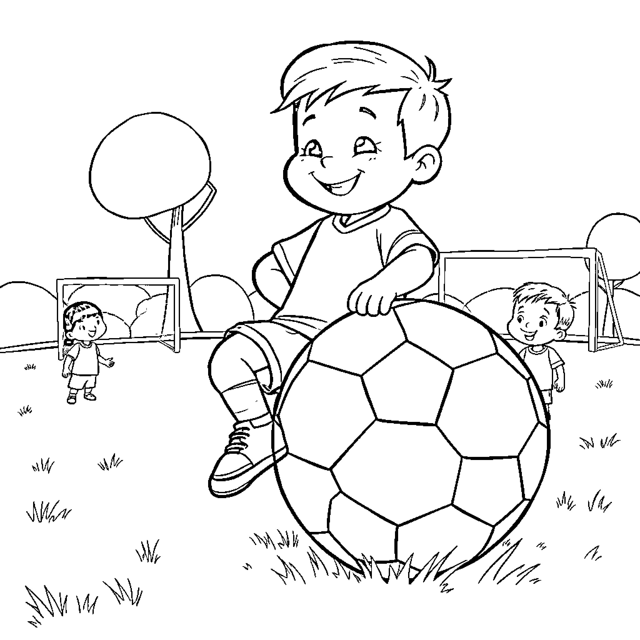 Kid playing happily with a soccer ball on the field Coloring Page (free black-and-white line drawing printable PDF for all, from beginners to advanced learners, including children, teens, adults, and seniors)