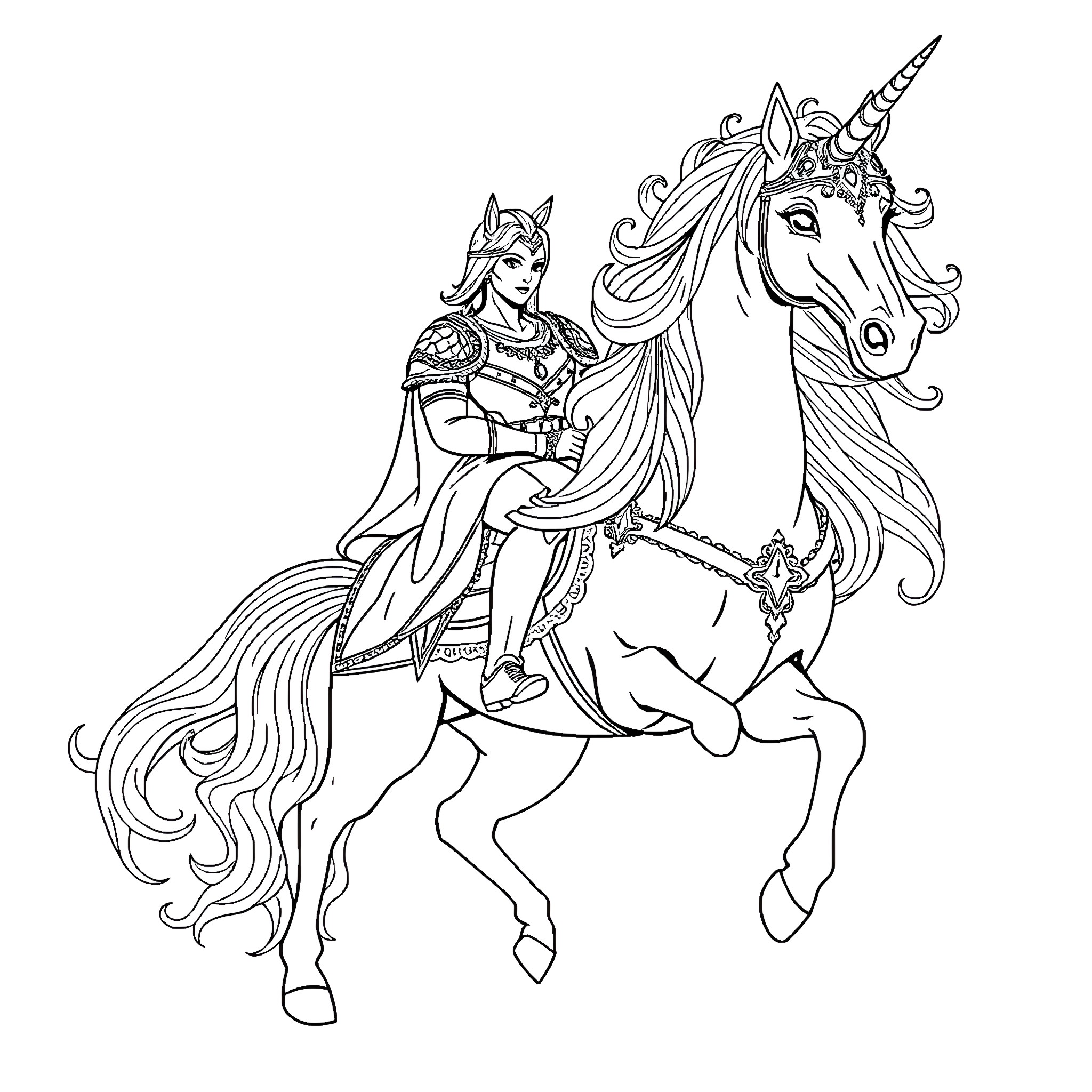 Destiny Character Riding a Fantasy Unicorn Coloring Page (free black-and-white line drawing printable PDF for all, from beginners to advanced learners, including children, teens, adults, and seniors)