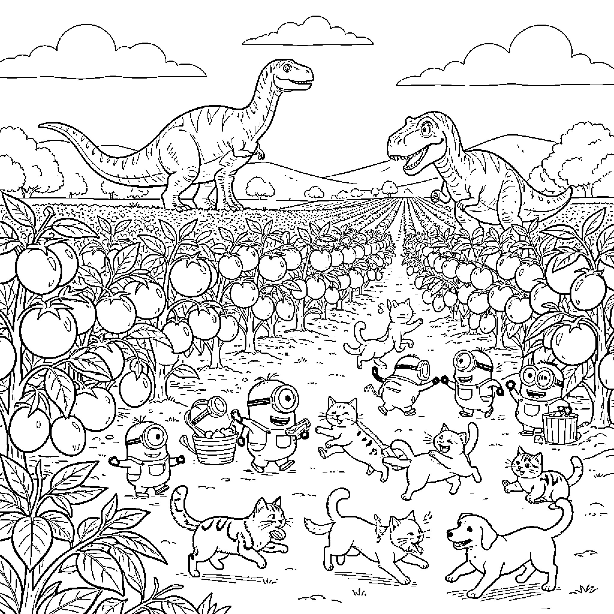 Tomato field with dinosaurs, minions, and playful animals Coloring Page (free black-and-white line drawing printable PDF for all, from beginners to advanced learners, including children, teens, adults, and seniors)