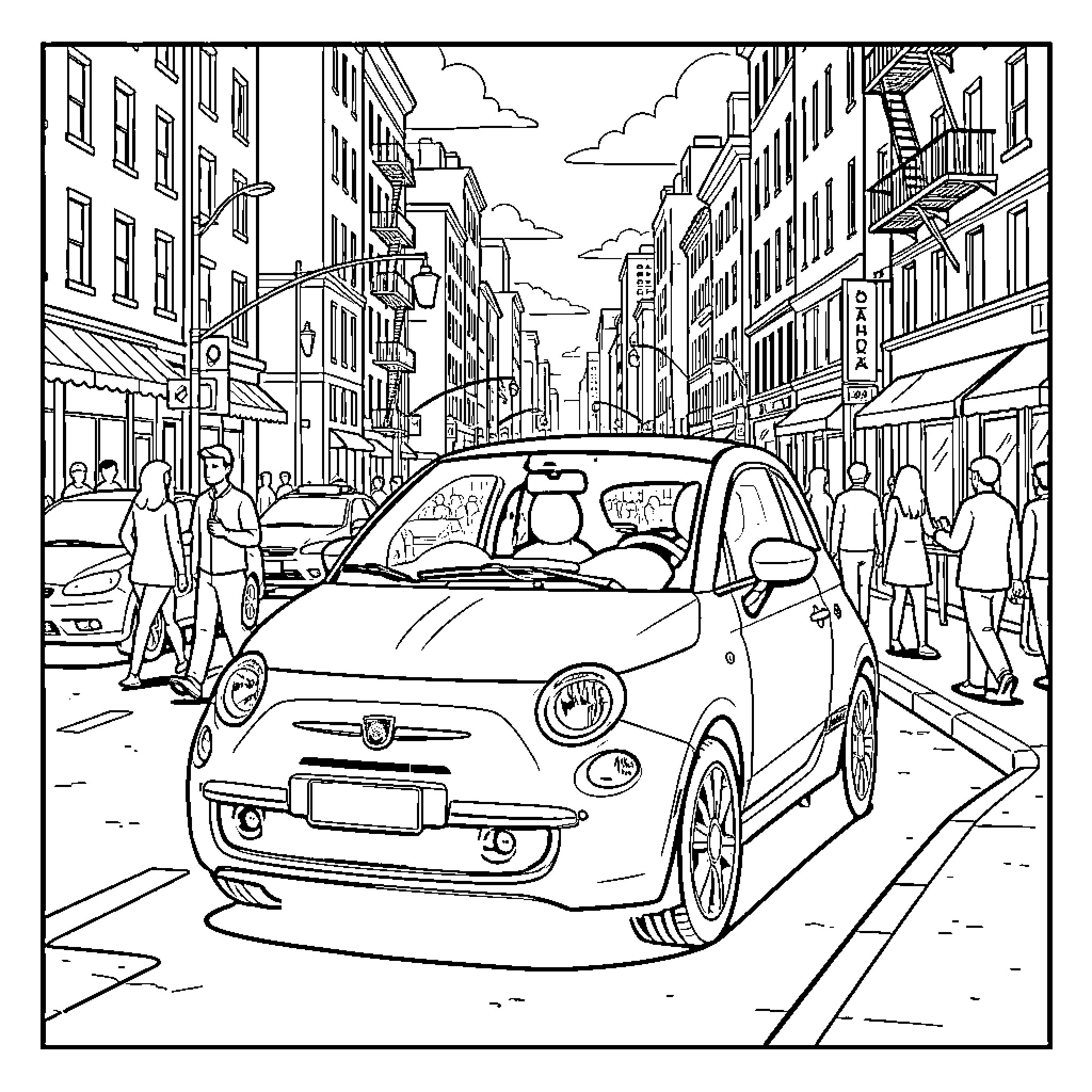Abarth 500e driving through a busy city street Coloring Page (free black-and-white line drawing printable PDF for all, from beginners to advanced learners, including children, teens, adults, and seniors)