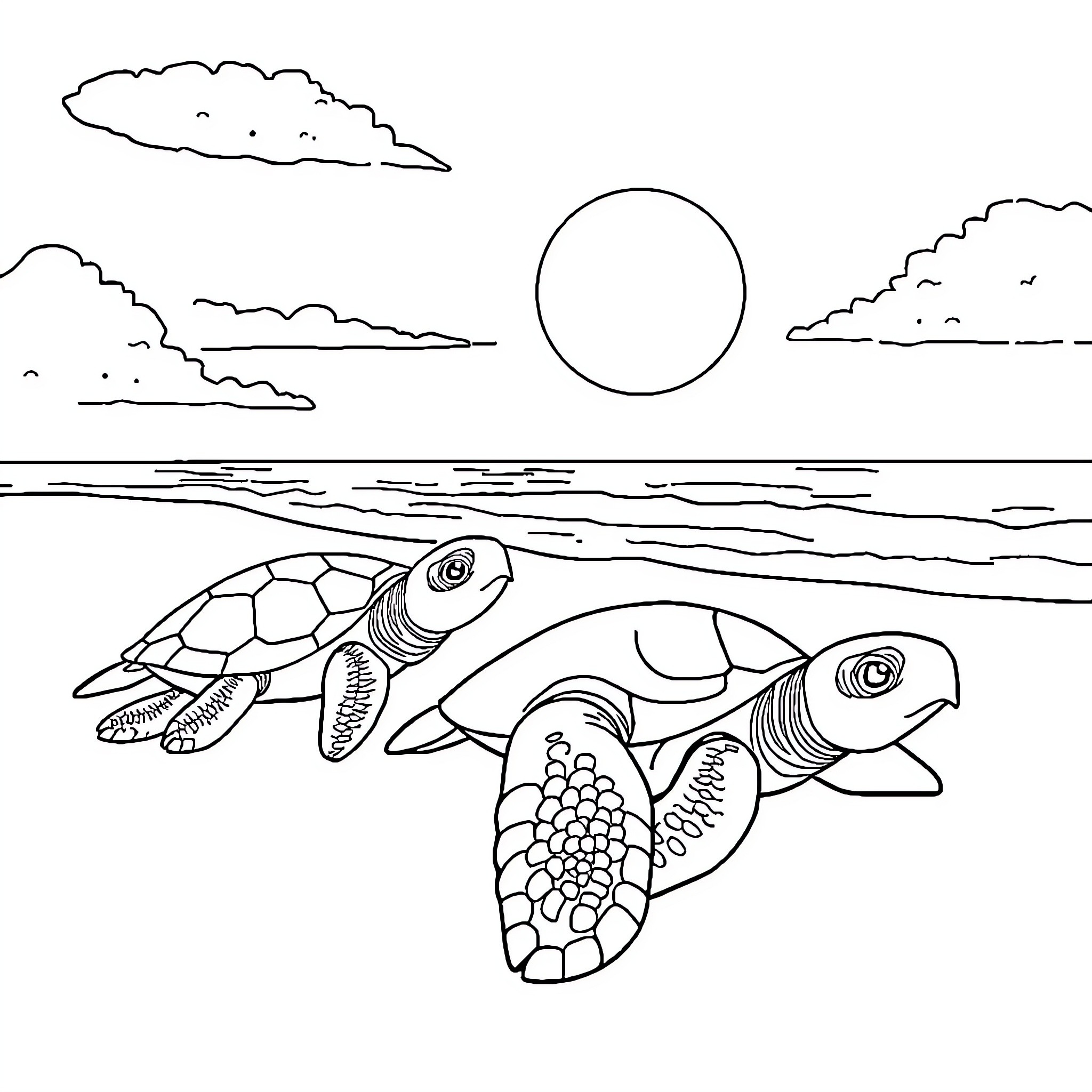 Sea Turtles swimming in the ocean Coloring Page (free black-and-white line drawing printable PDF for all, from beginners to advanced learners, including children, teens, adults, and seniors)