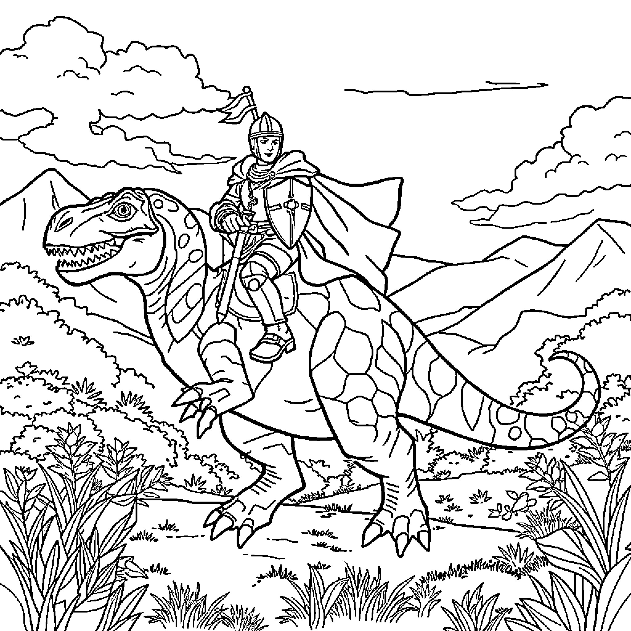 Knight riding a majestic dragon in a fantastical landscape Coloring Page (free black-and-white line drawing printable PDF for all, from beginners to advanced learners, including children, teens, adults, and seniors)