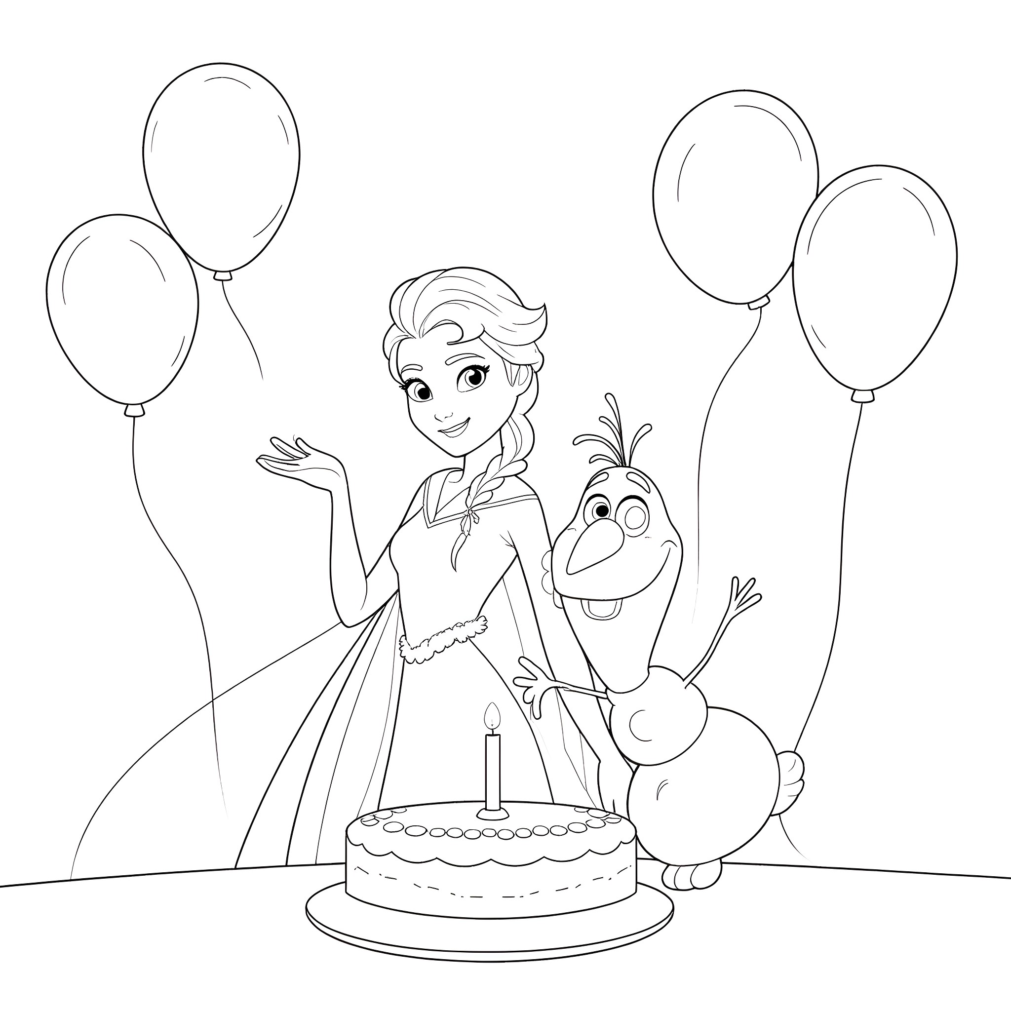 Elsa's Frozen Birthday Celebration with Olaf Coloring Page (free black-and-white line drawing printable PDF for all, from beginners to advanced learners, including children, teens, adults, and seniors)