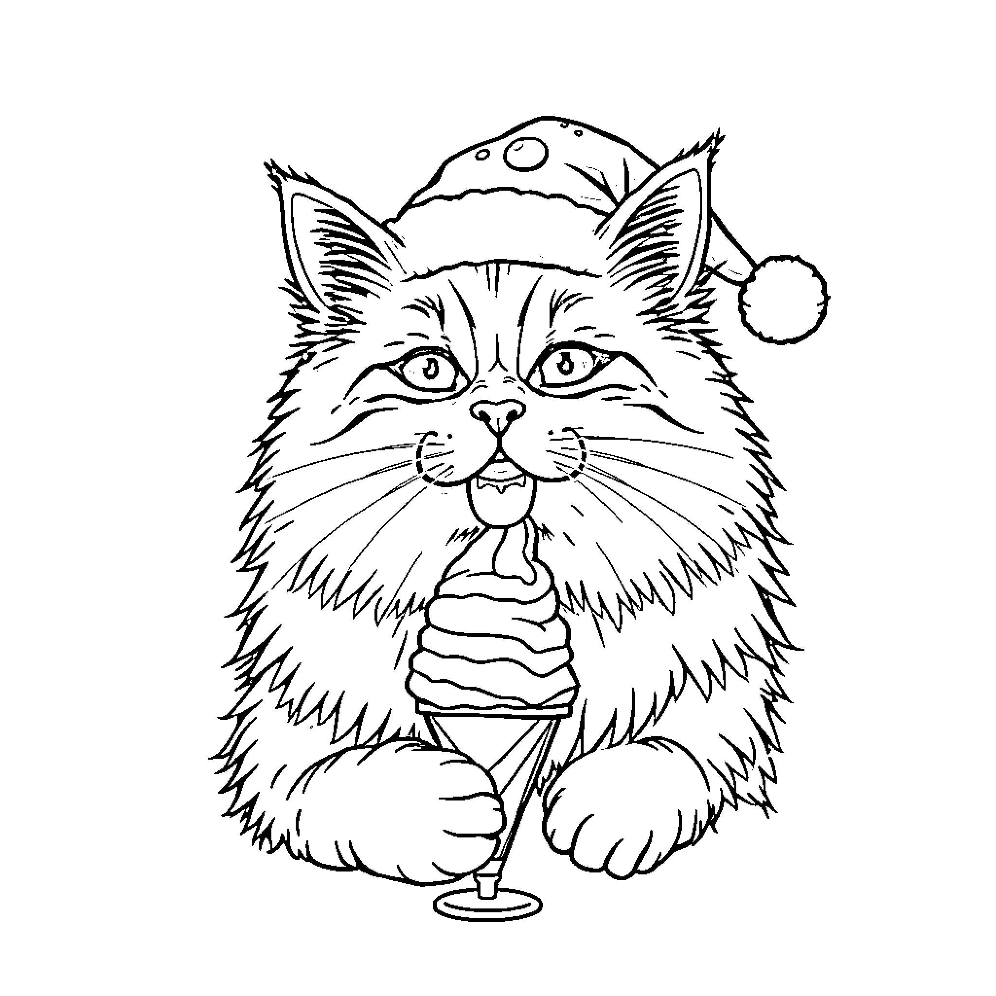 Siberian Cat enjoying a refreshing drink Coloring Page (free black-and-white line drawing printable PDF for all, from beginners to advanced learners, including children, teens, adults, and seniors)