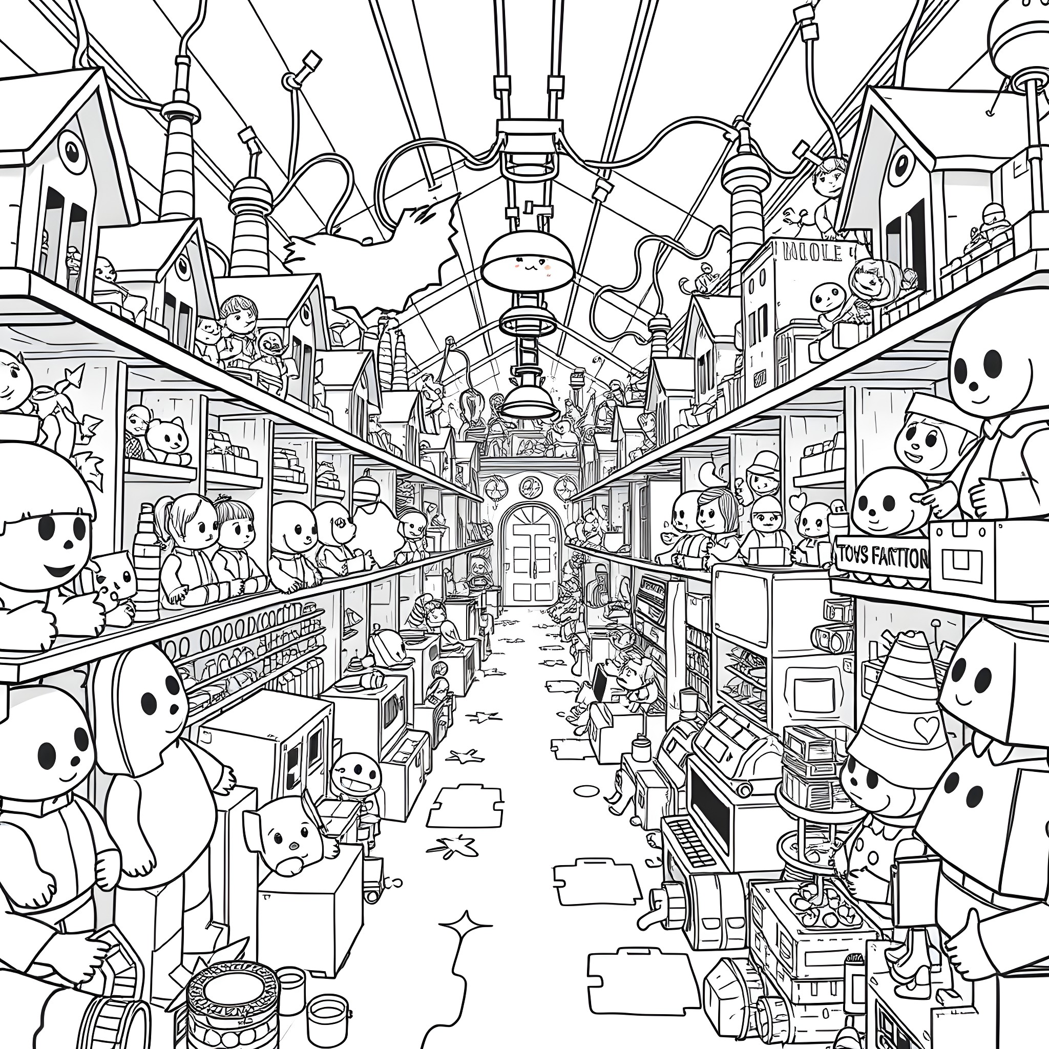 Poppy's Whimsical Wonderland: A Bustling Marketplace Adventure Coloring Page (free black-and-white line drawing printable PDF for all, from beginners to advanced learners, including children, teens, adults, and seniors)