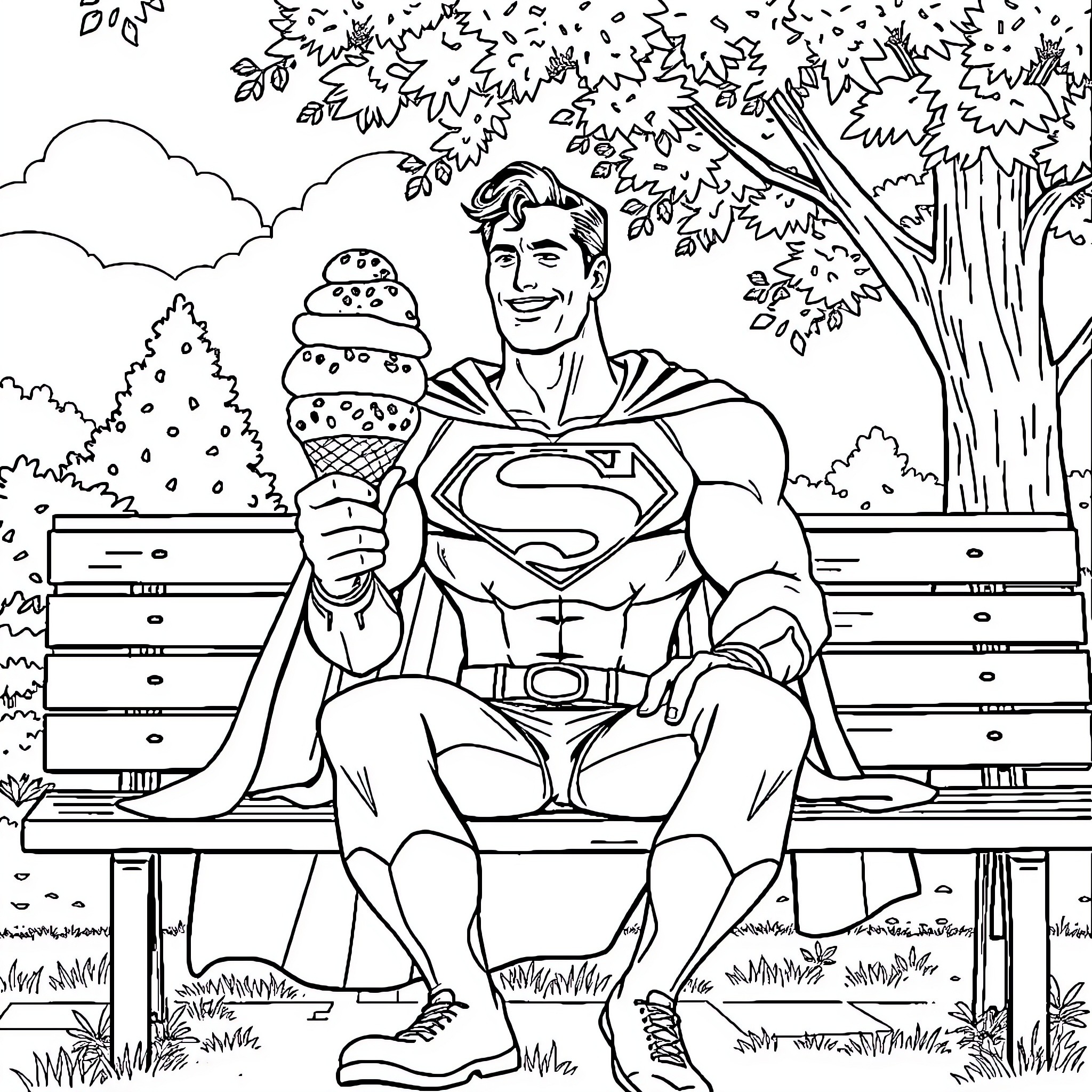 Superman enjoying a delightful ice cream in the park Coloring Page (free black-and-white line drawing printable PDF for all, from beginners to advanced learners, including children, teens, adults, and seniors)