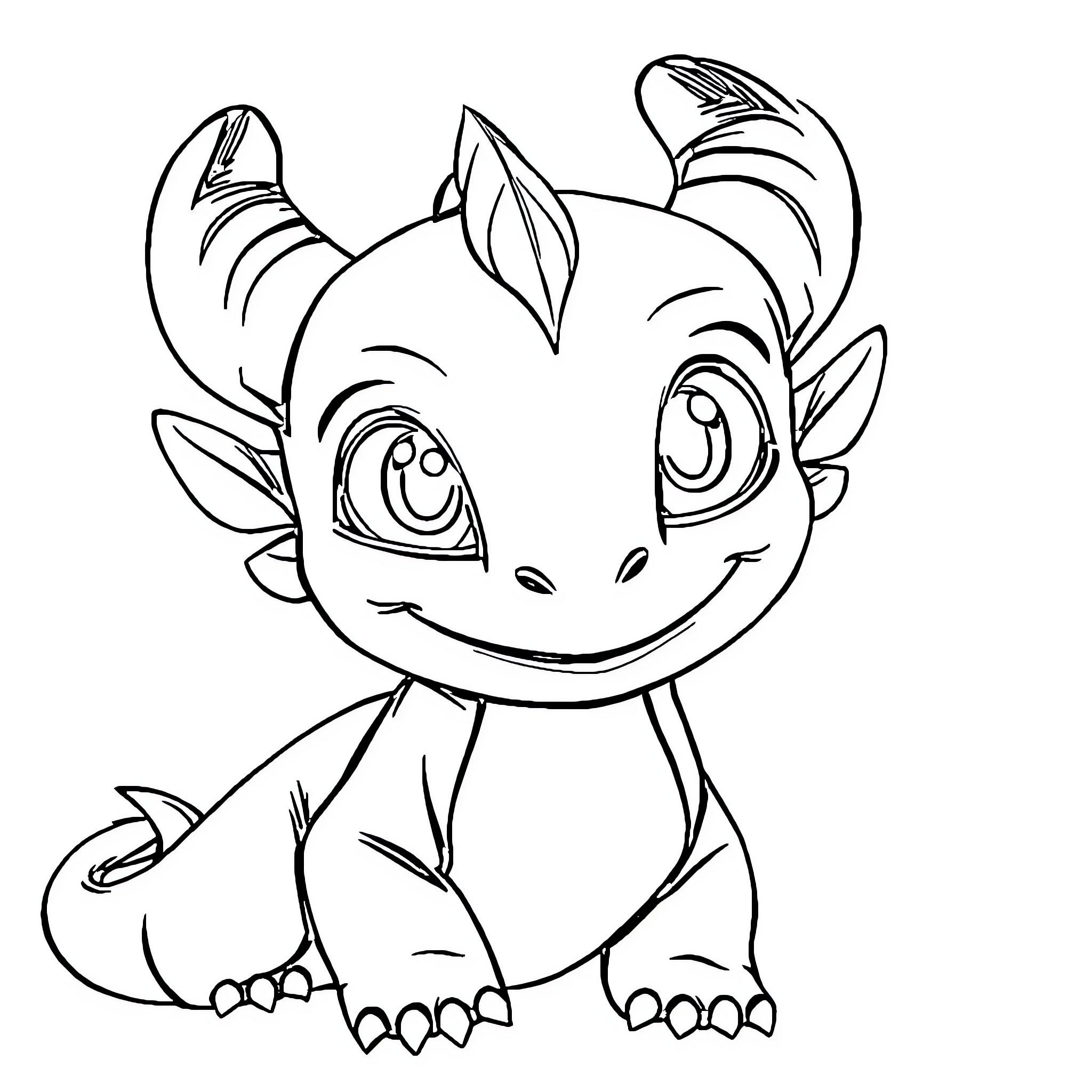 Toothless dragon creature smiling happily Coloring Page (free black-and-white line drawing printable PDF for all, from beginners to advanced learners, including children, teens, adults, and seniors)