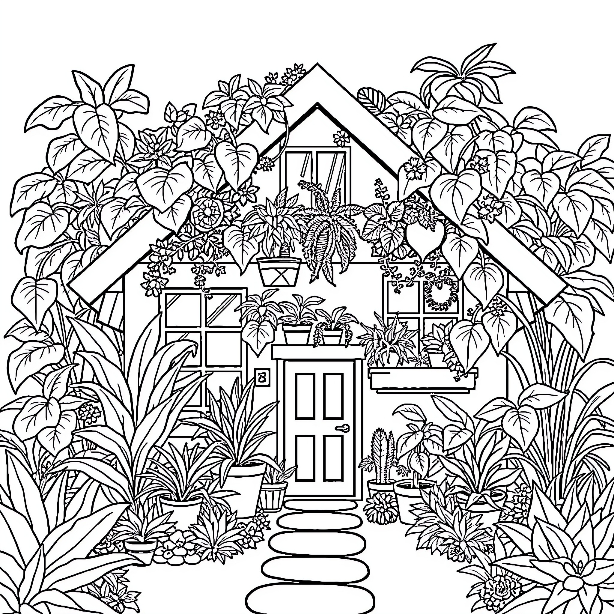 Maison of Lush Botanical Oasis Coloring Page (free black-and-white line drawing printable PDF for all, from beginners to advanced learners, including children, teens, adults, and seniors)