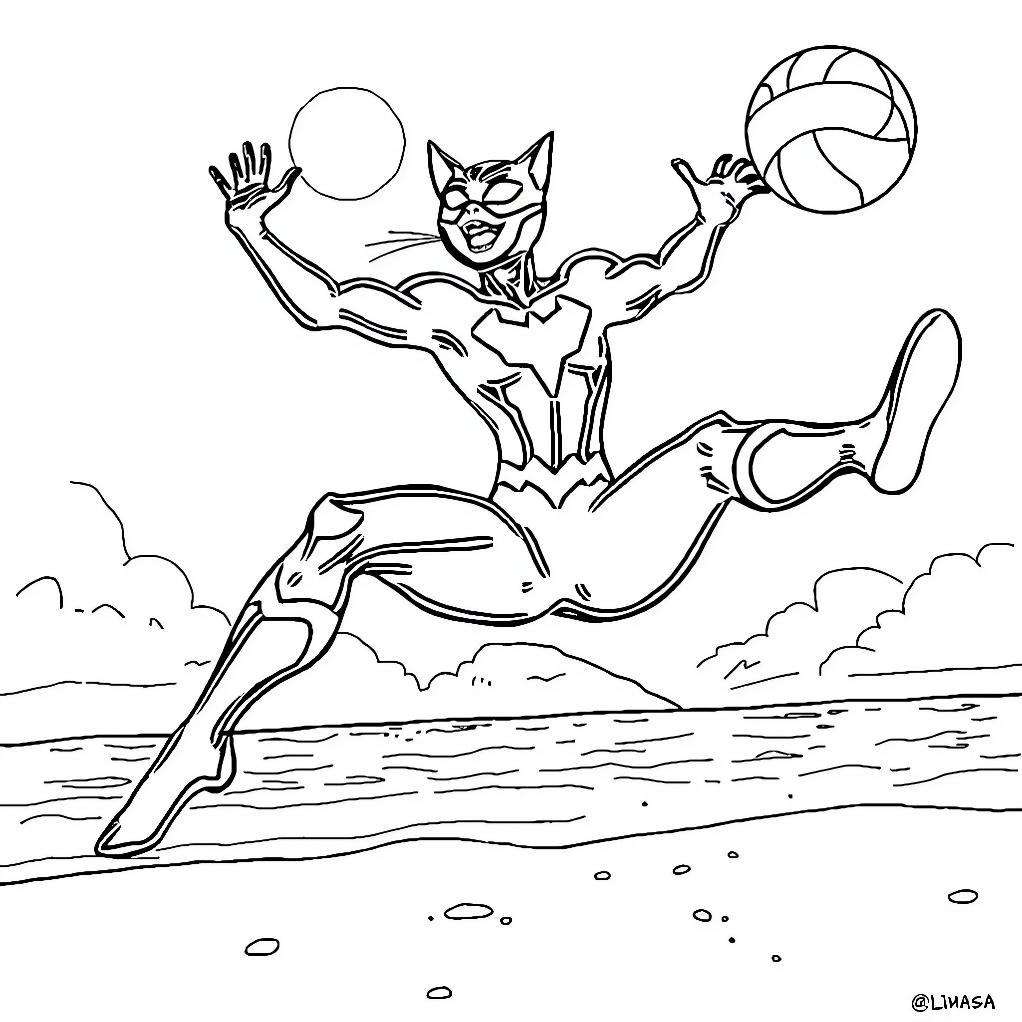 Black Cat Volleyball Player Soaring Through the Air Coloring Page (free black-and-white line drawing printable PDF for all, from beginners to advanced learners, including children, teens, adults, and seniors)