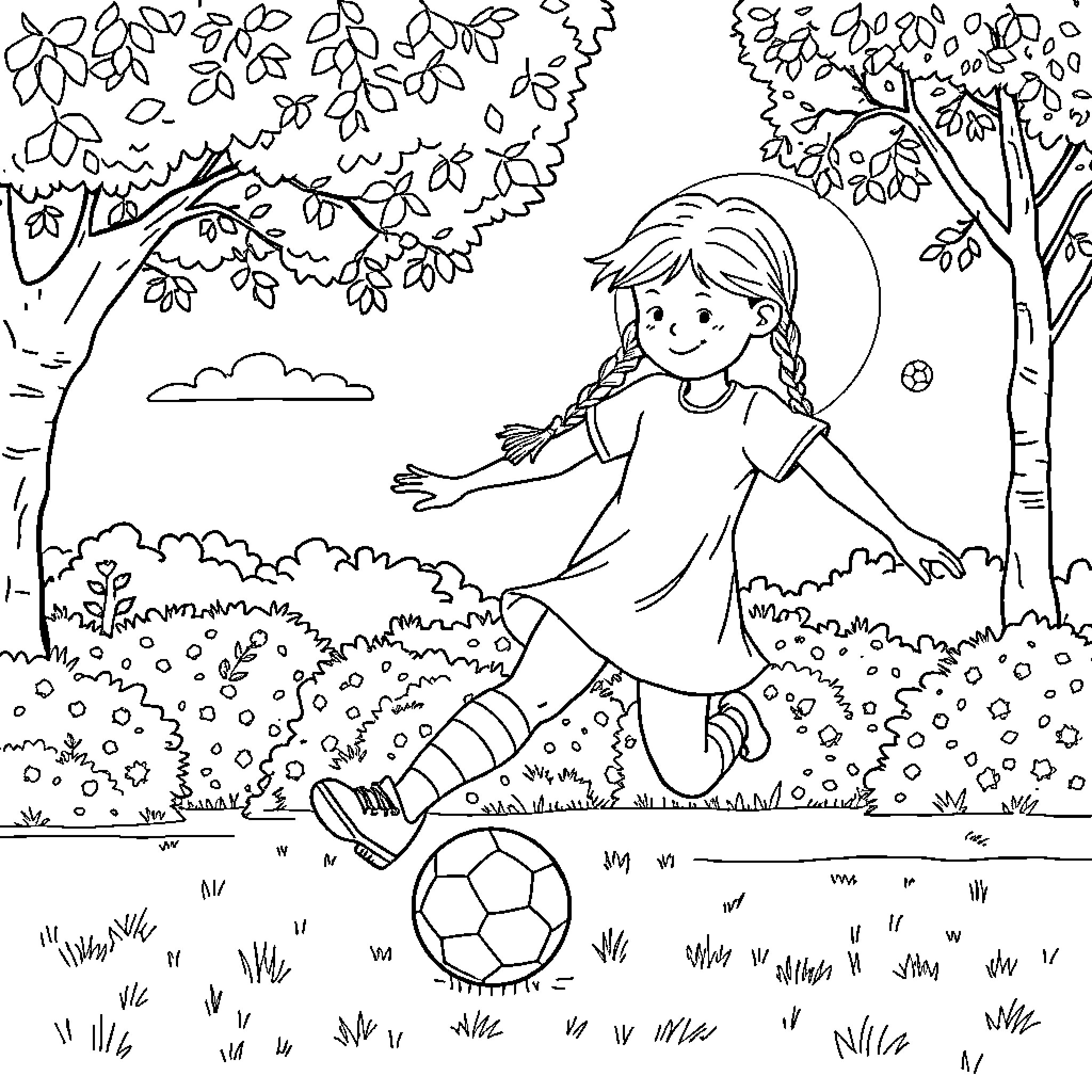 Pippi playing happily with a soccer ball in the park Coloring Page (free black-and-white line drawing printable PDF for all, from beginners to advanced learners, including children, teens, adults, and seniors)