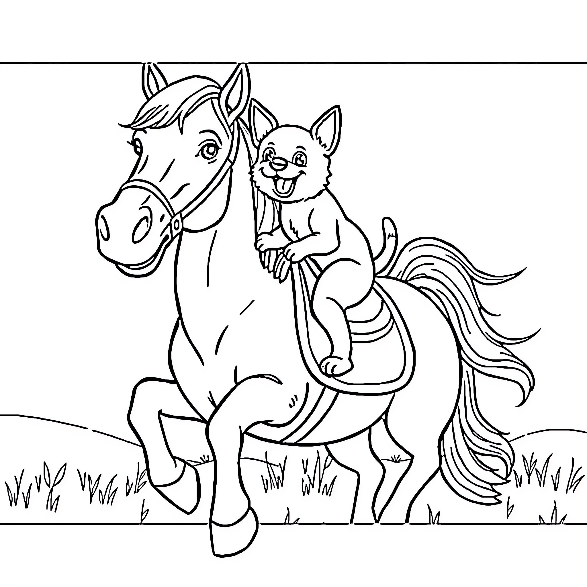 Dog and Horse Playmates in the Meadow Coloring Page (free black-and-white line drawing printable PDF for all, from beginners to advanced learners, including children, teens, adults, and seniors)