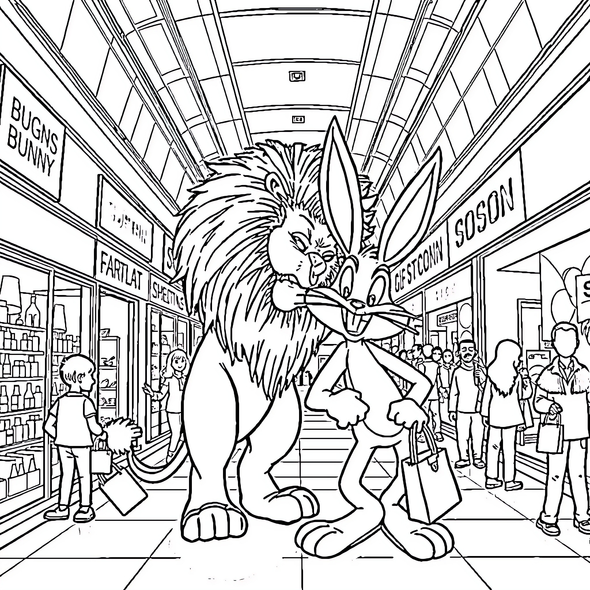 Lion roaring loudly in a busy city street Coloring Page (free black-and-white line drawing printable PDF for all, from beginners to advanced learners, including children, teens, adults, and seniors)