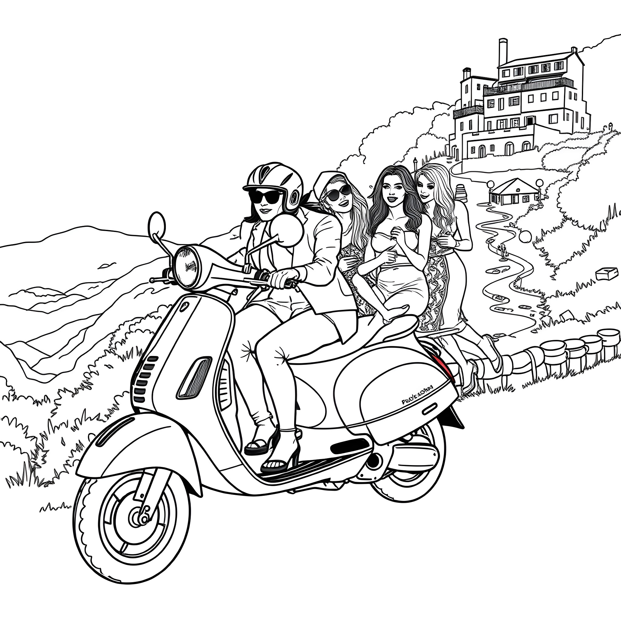 Stevie Knicks' adventurous scooter ride with friends Coloring Page (free black-and-white line drawing printable PDF for all, from beginners to advanced learners, including children, teens, adults, and seniors)