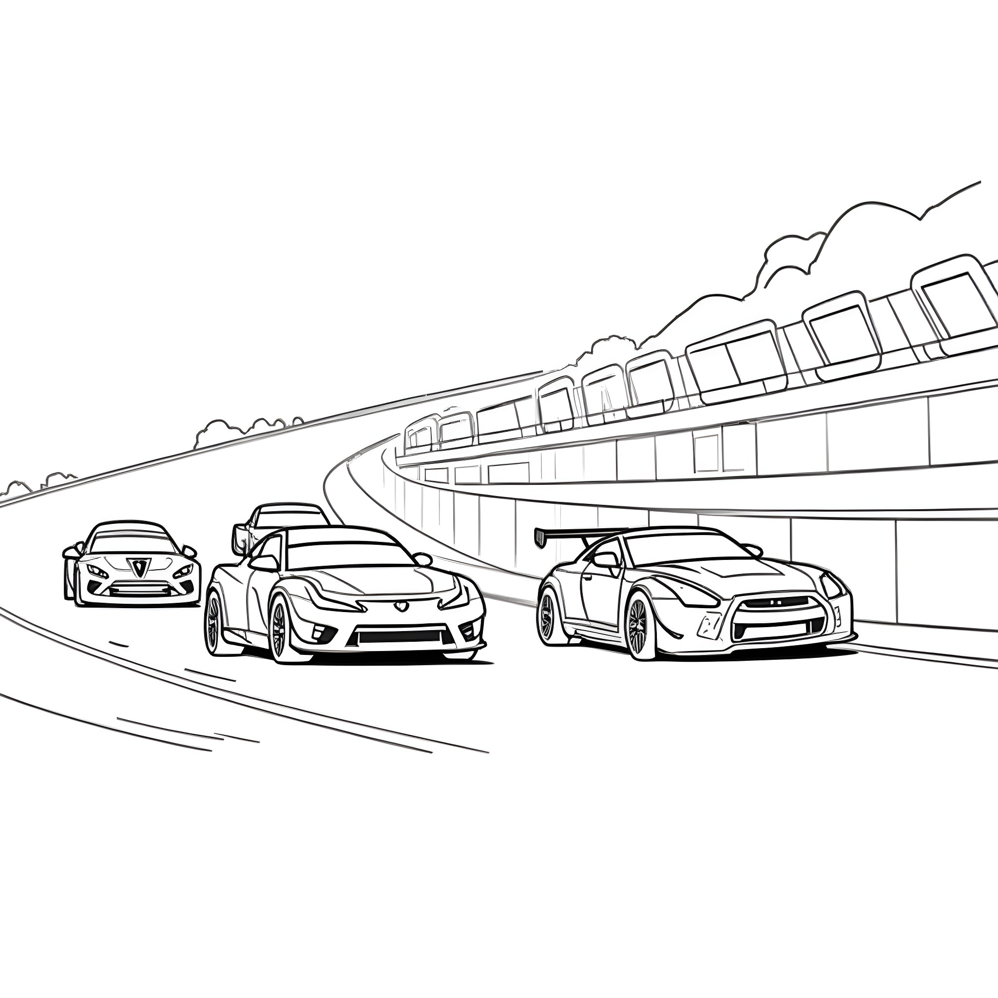 BRZ race cars speeding on the track Coloring Page (free black-and-white line drawing printable PDF for all, from beginners to advanced learners, including children, teens, adults, and seniors)