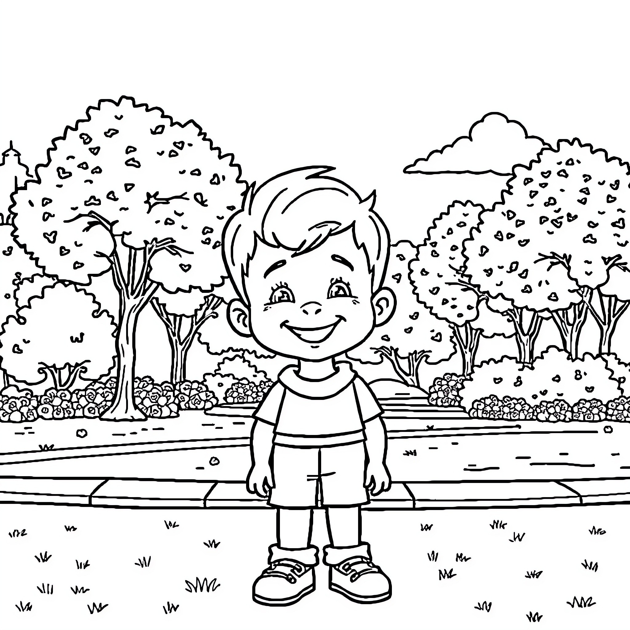 Gabriel enjoying a pleasant day in the park Coloring Page (free black-and-white line drawing printable PDF for all, from beginners to advanced learners, including children, teens, adults, and seniors)
