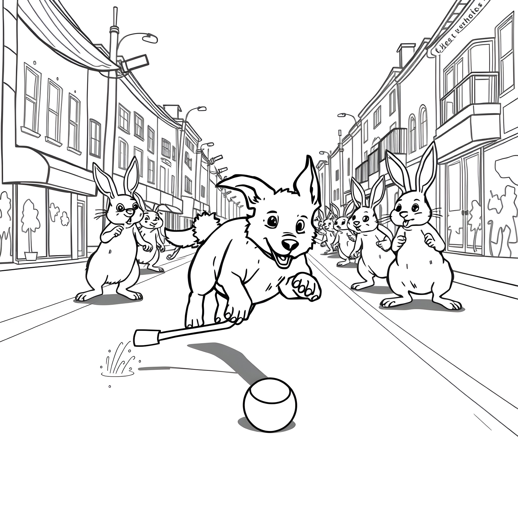 Dogs playing happily in the city street Coloring Page (free black-and-white line drawing printable PDF for all, from beginners to advanced learners, including children, teens, adults, and seniors)