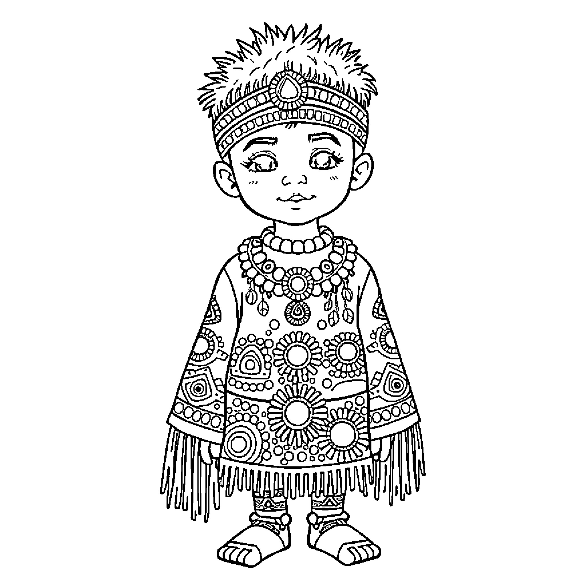 Boy wearing a decorative traditional outfit Coloring Page (free black-and-white line drawing printable PDF for all, from beginners to advanced learners, including children, teens, adults, and seniors)