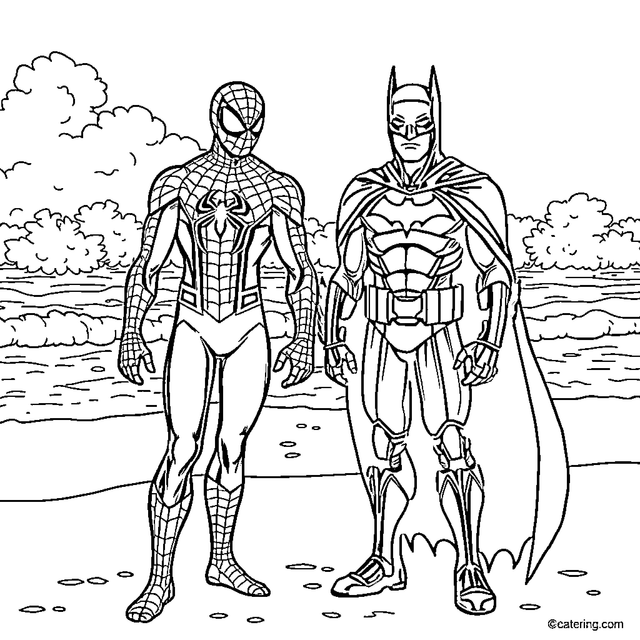 Spiderman and Batman standing together on a beach Coloring Page (free black-and-white line drawing printable PDF for all, from beginners to advanced learners, including children, teens, adults, and seniors)