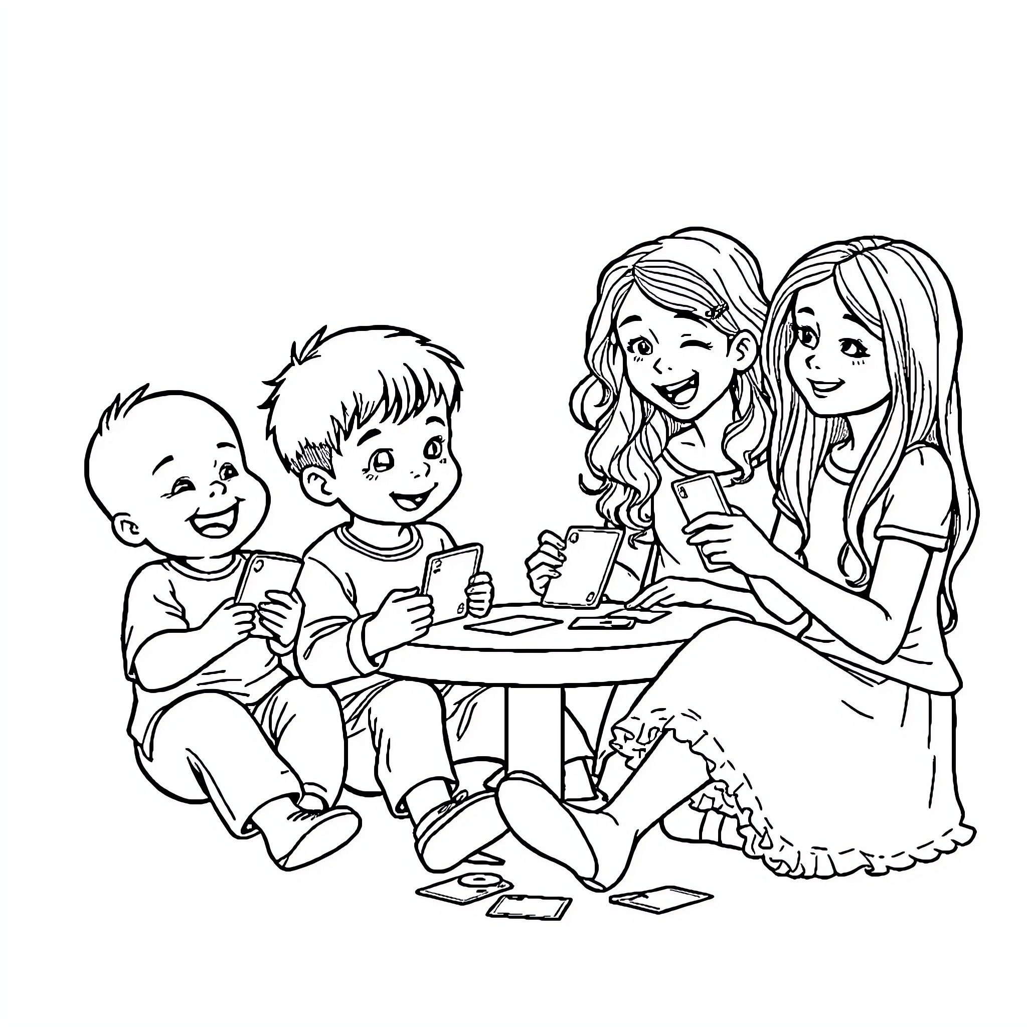 Child Friends Enjoying Time Together Coloring Page (free black-and-white line drawing printable PDF for all, from beginners to advanced learners, including children, teens, adults, and seniors)