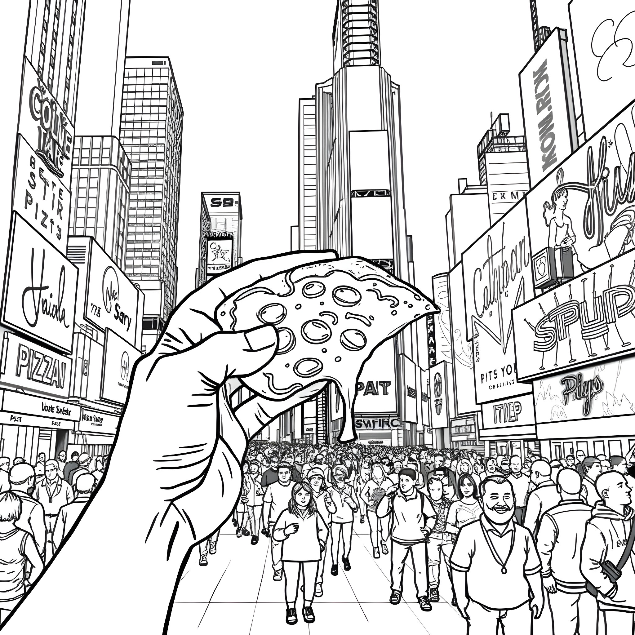 Pizza Slice in Bustling City Scene Coloring Page (free black-and-white line drawing printable PDF for all, from beginners to advanced learners, including children, teens, adults, and seniors)