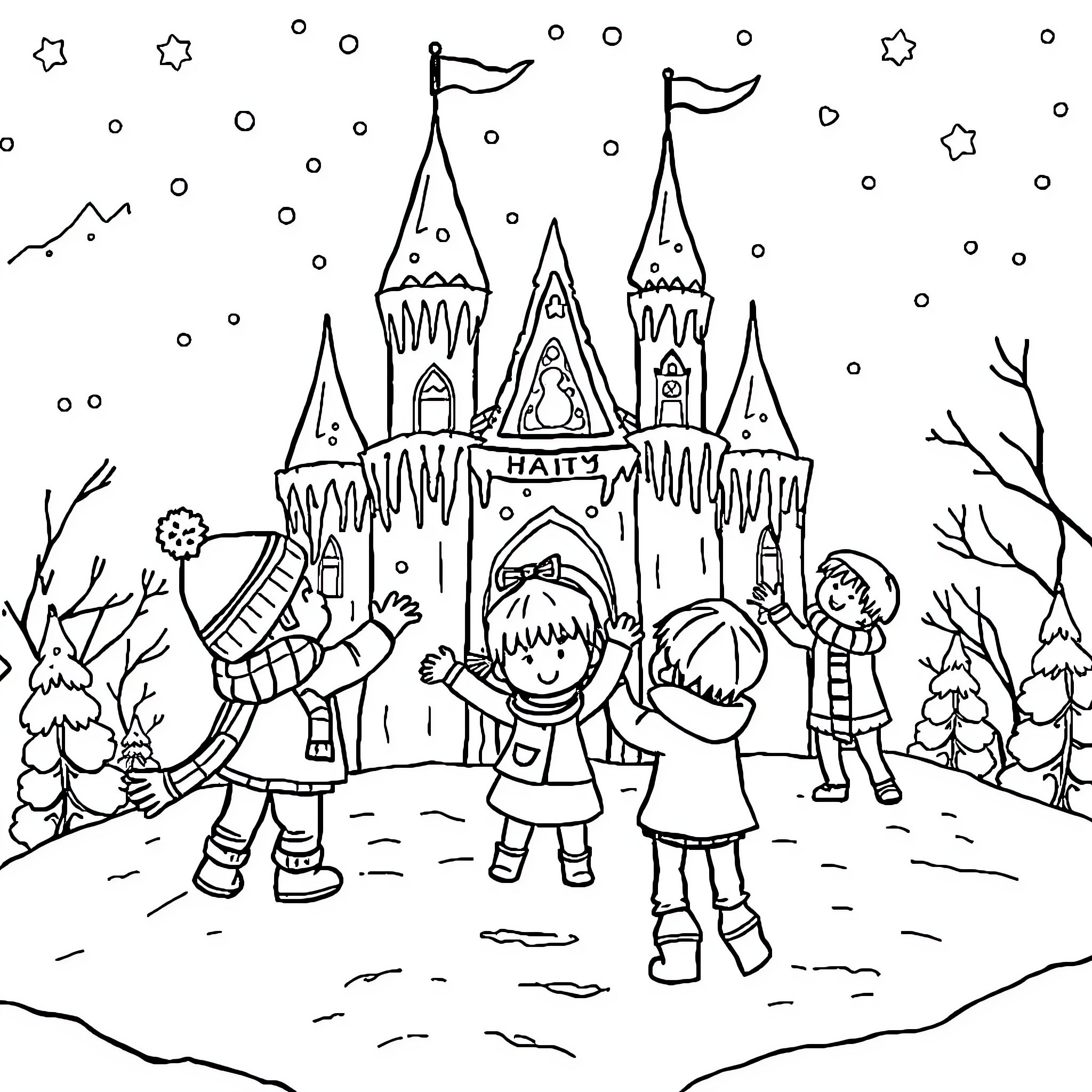 Child playing in front of magical winter castle Coloring Page (free black-and-white line drawing printable PDF for all, from beginners to advanced learners, including children, teens, adults, and seniors)
