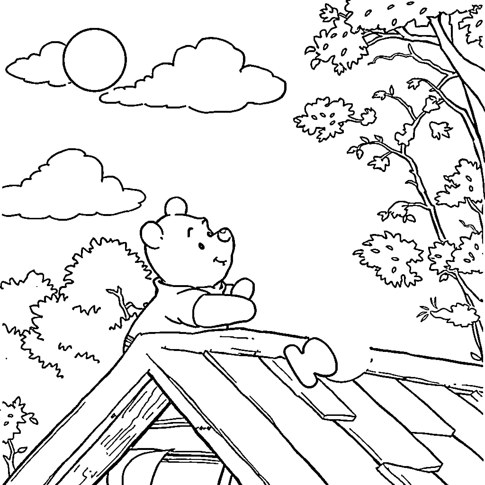 Winnie The Pooh enjoying a sunny day in the countryside Coloring Page (free black-and-white line drawing printable PDF for all, from beginners to advanced learners, including children, teens, adults, and seniors)