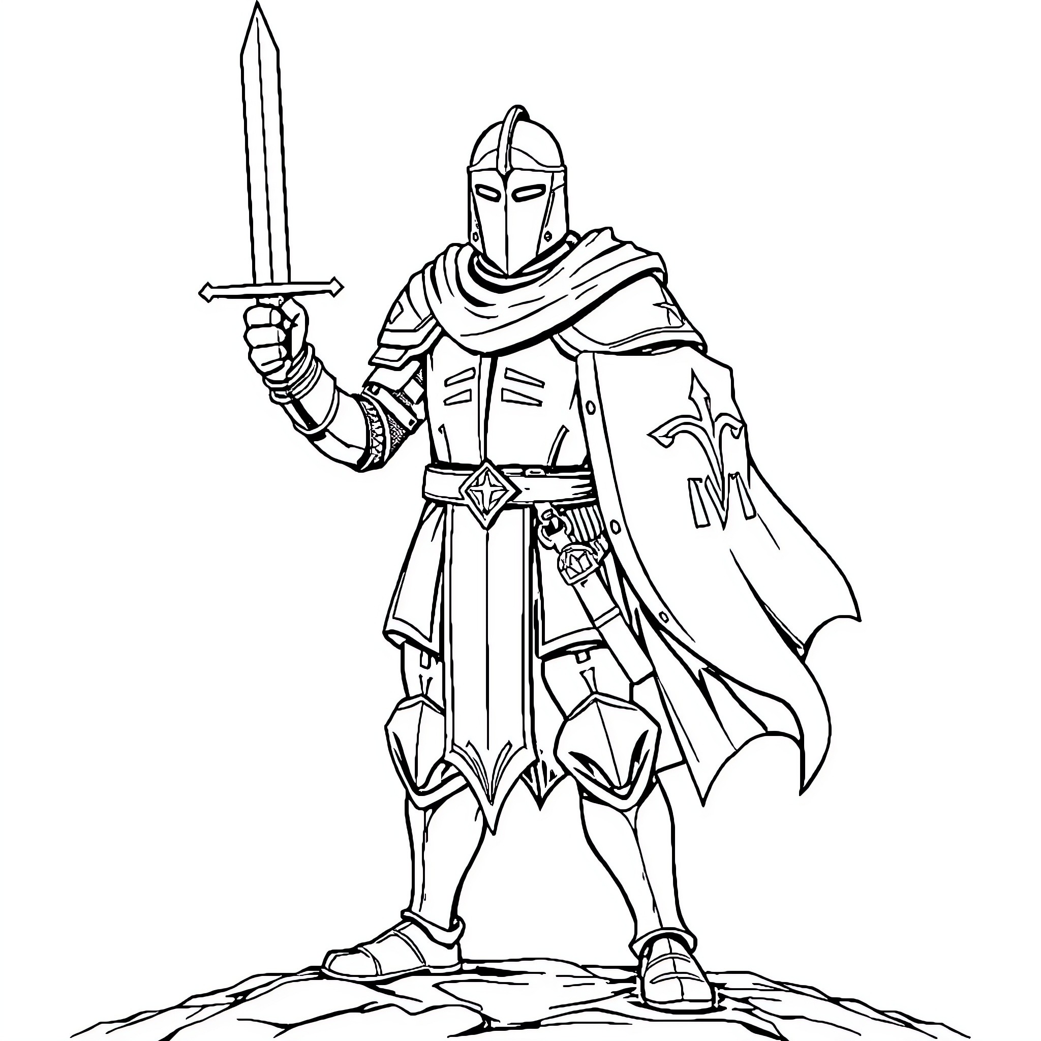 Knight warrior wielding sword with determined stance Coloring Page (free black-and-white line drawing printable PDF for all, from beginners to advanced learners, including children, teens, adults, and seniors)