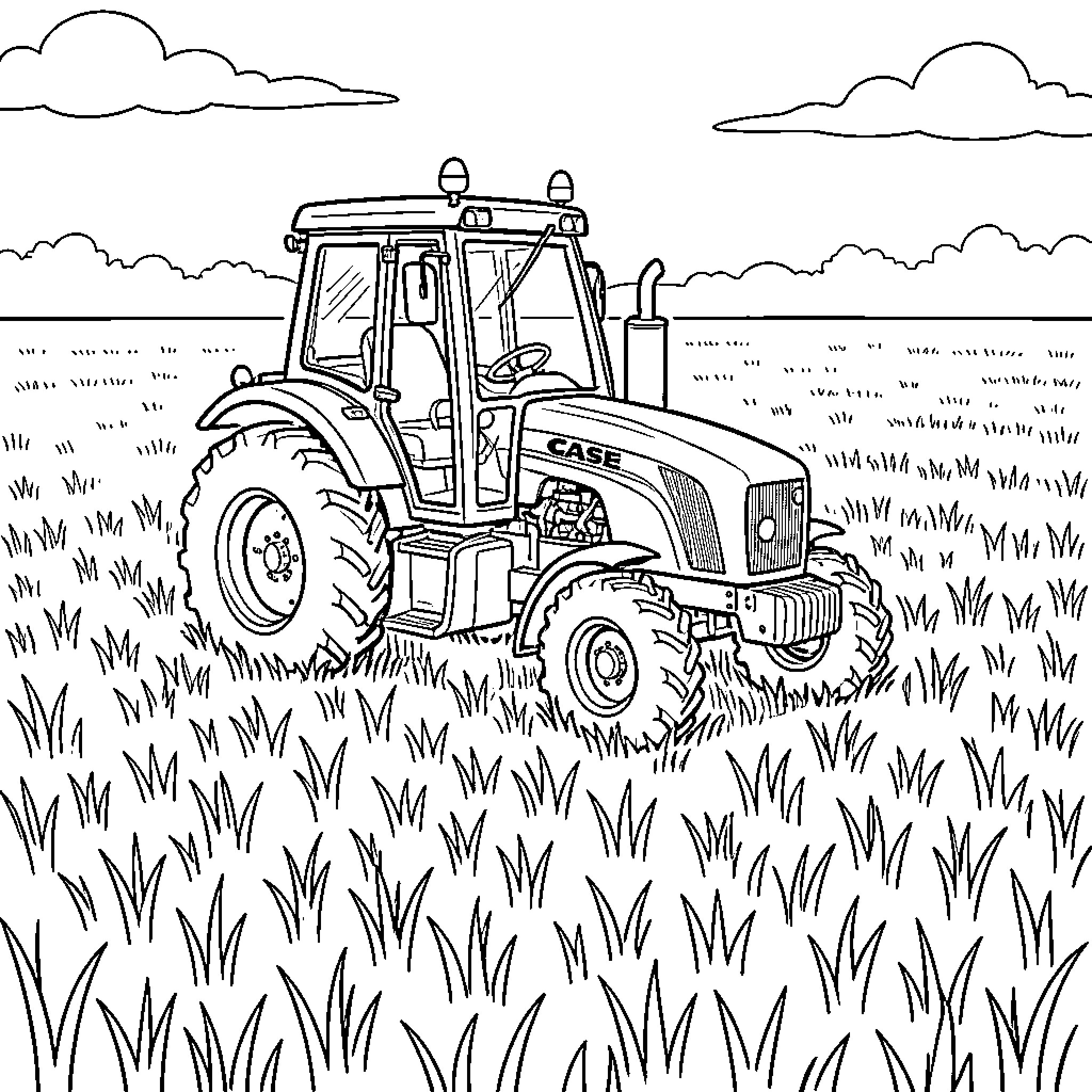Tractor working diligently in the countryside Coloring Page (free black-and-white line drawing printable PDF for all, from beginners to advanced learners, including children, teens, adults, and seniors)