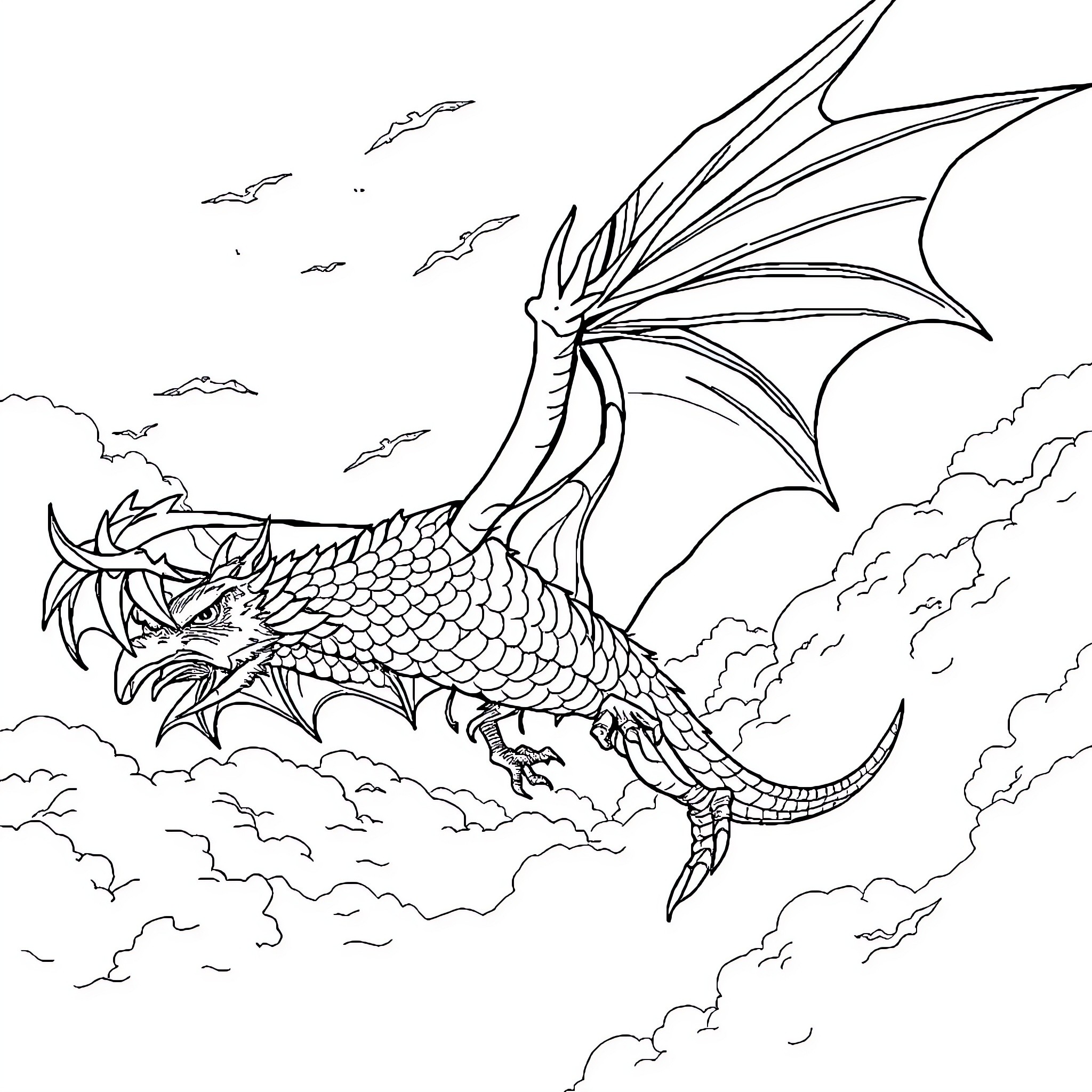 Dragon soaring through the cloudy skies Coloring Page (free black-and-white line drawing printable PDF for all, from beginners to advanced learners, including children, teens, adults, and seniors)
