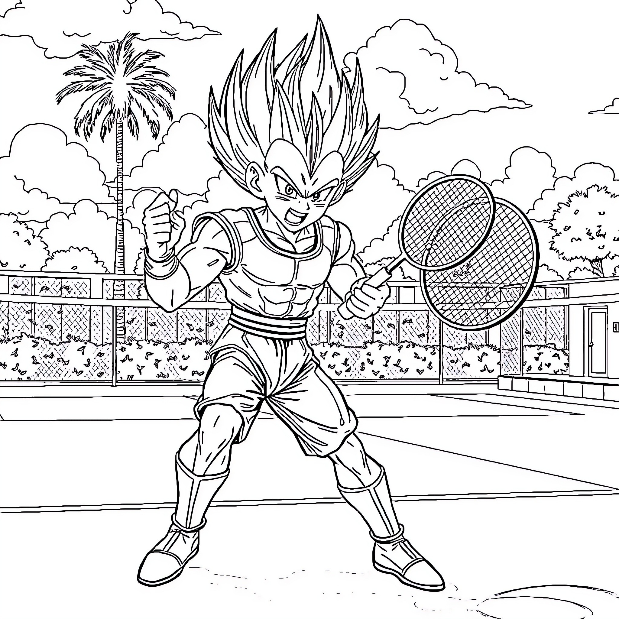 Vegeta in action on a tennis court Coloring Page (free black-and-white line drawing printable PDF for all, from beginners to advanced learners, including children, teens, adults, and seniors)