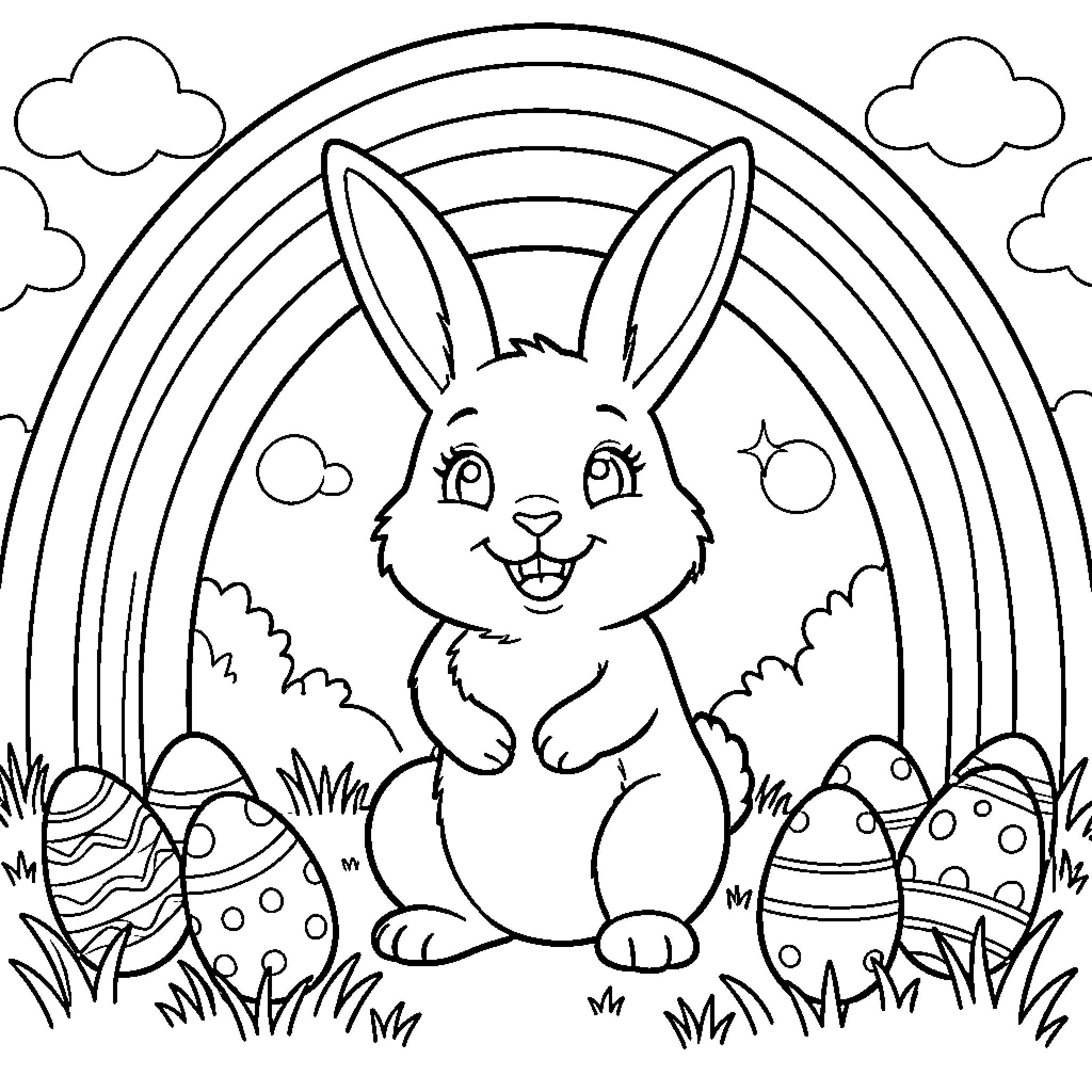 Easter Bunny sitting happily in the meadow Coloring Page (free black-and-white line drawing printable PDF for all, from beginners to advanced learners, including children, teens, adults, and seniors)