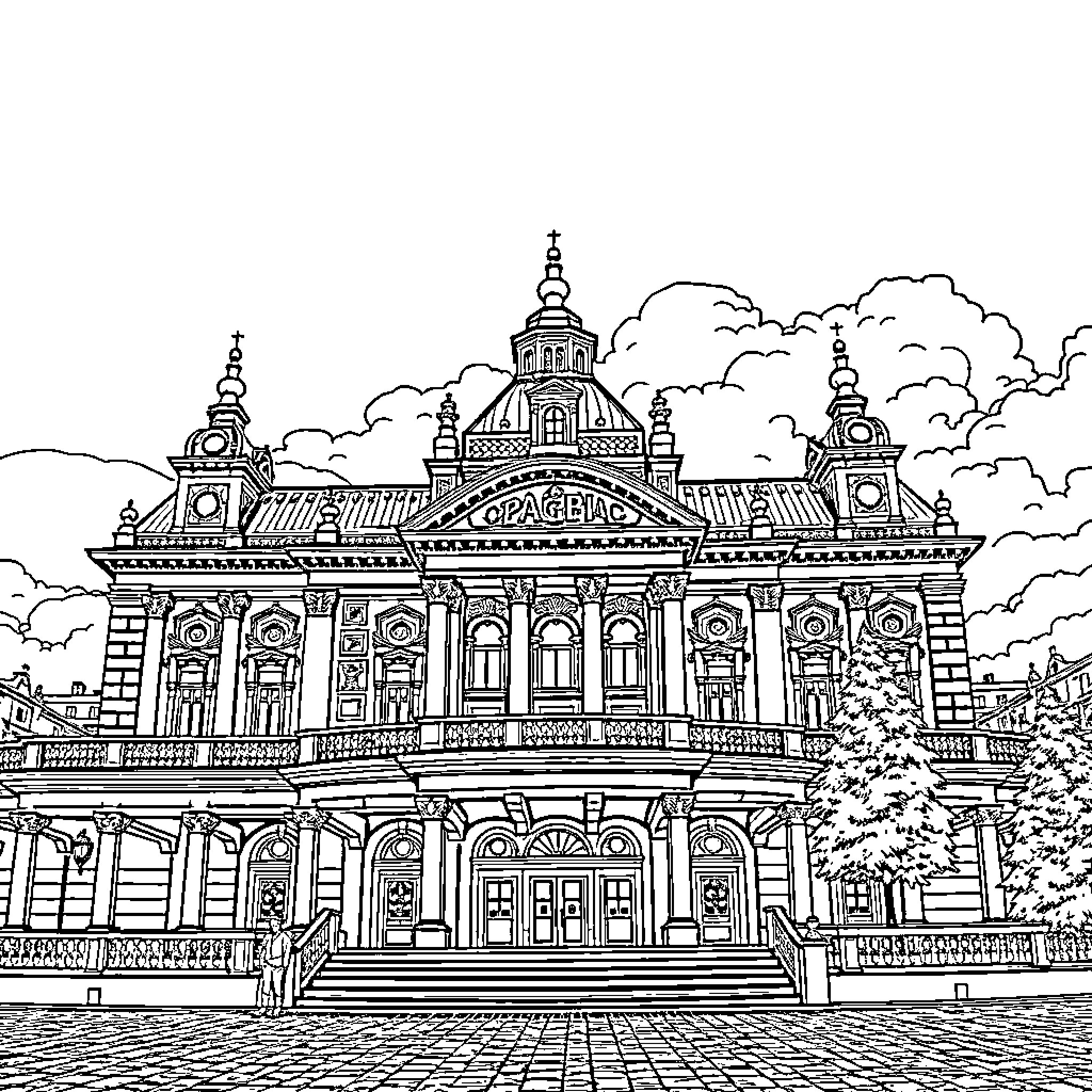 Palace of Magnificent Architecture Amid Cloudy Skies Coloring Page (free black-and-white line drawing printable PDF for all, from beginners to advanced learners, including children, teens, adults, and seniors)