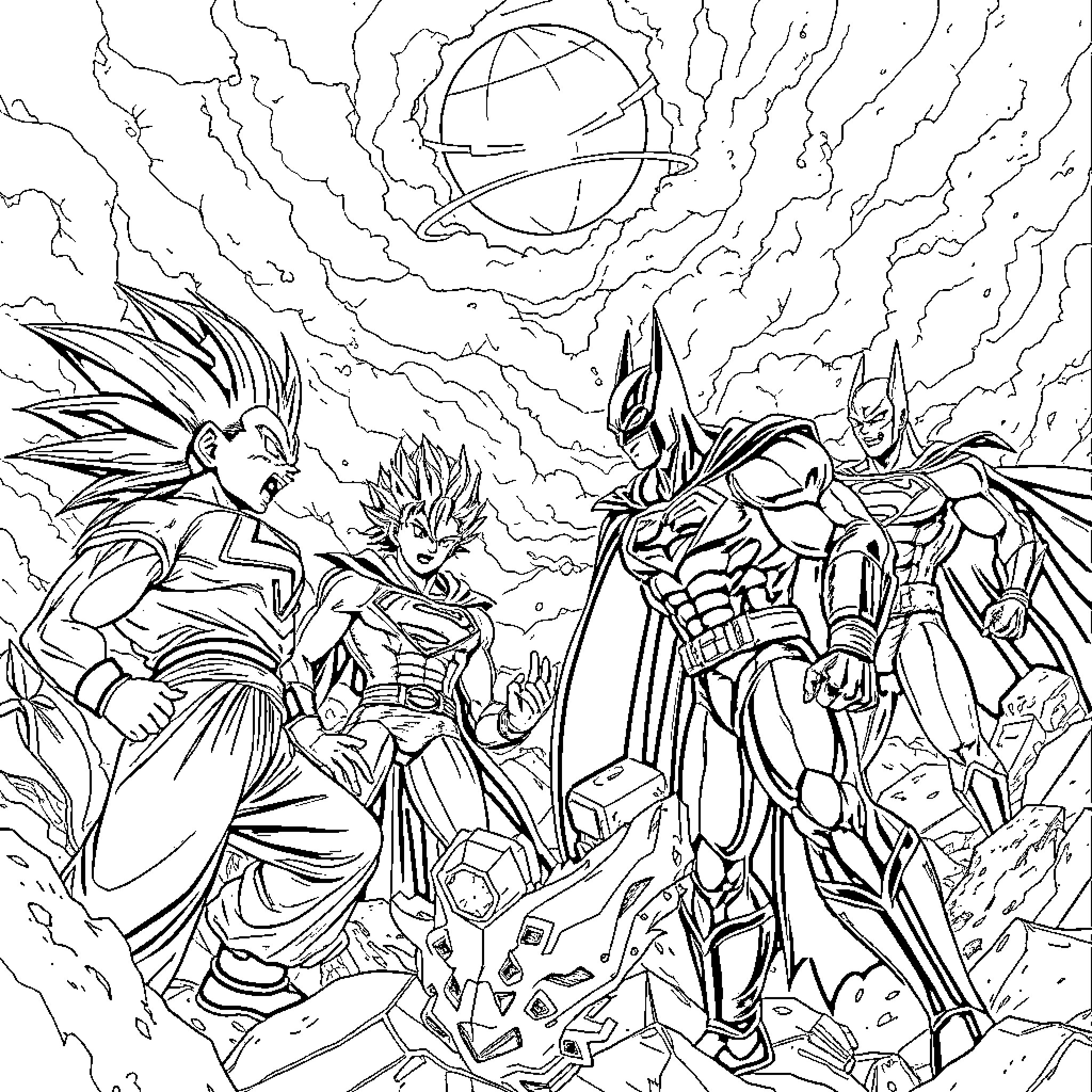 Superhero Battle in Cosmic Storm Coloring Page (free black-and-white line drawing printable PDF for all, from beginners to advanced learners, including children, teens, adults, and seniors)