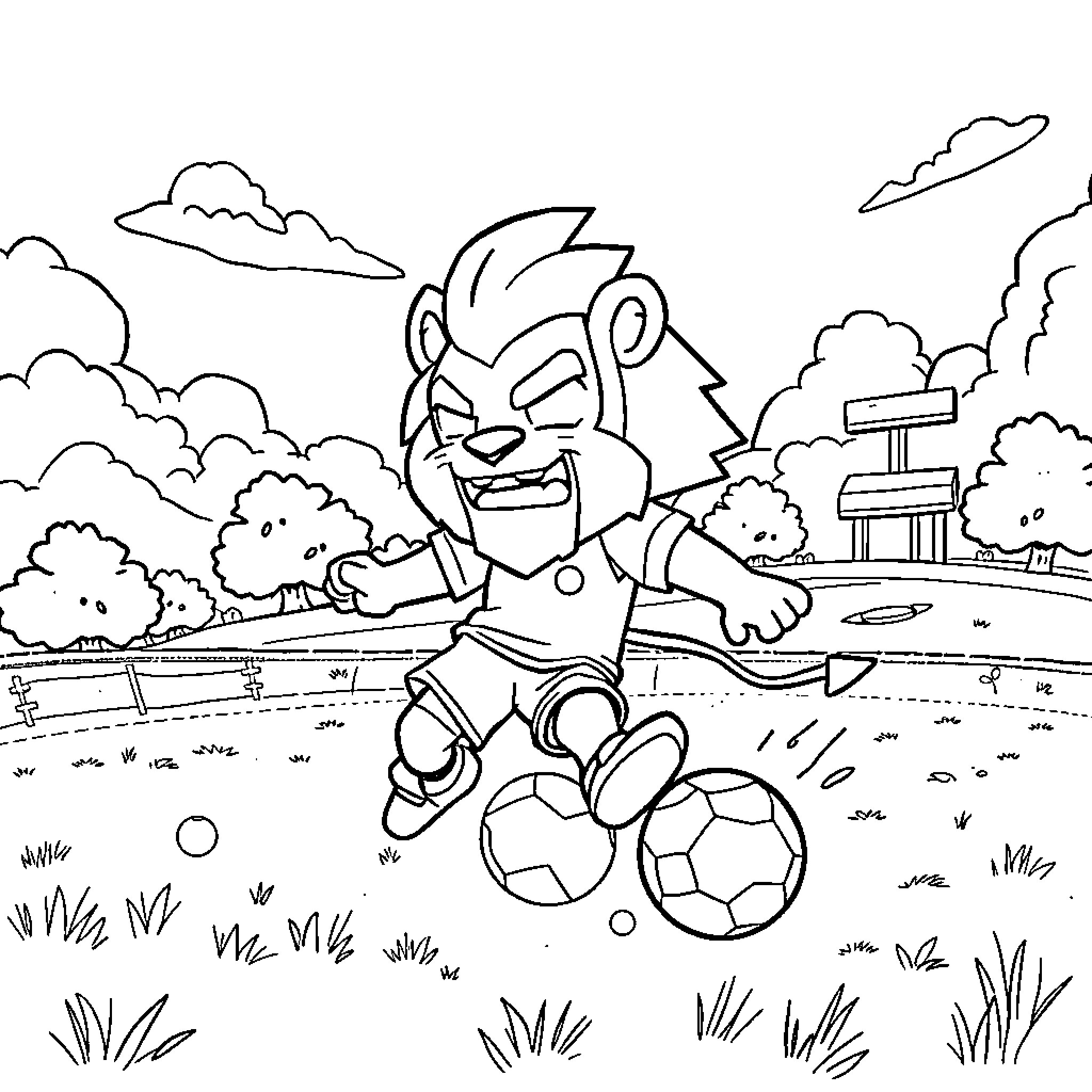 Leon kicking soccer balls in the park Coloring Page (free black-and-white line drawing printable PDF for all, from beginners to advanced learners, including children, teens, adults, and seniors)