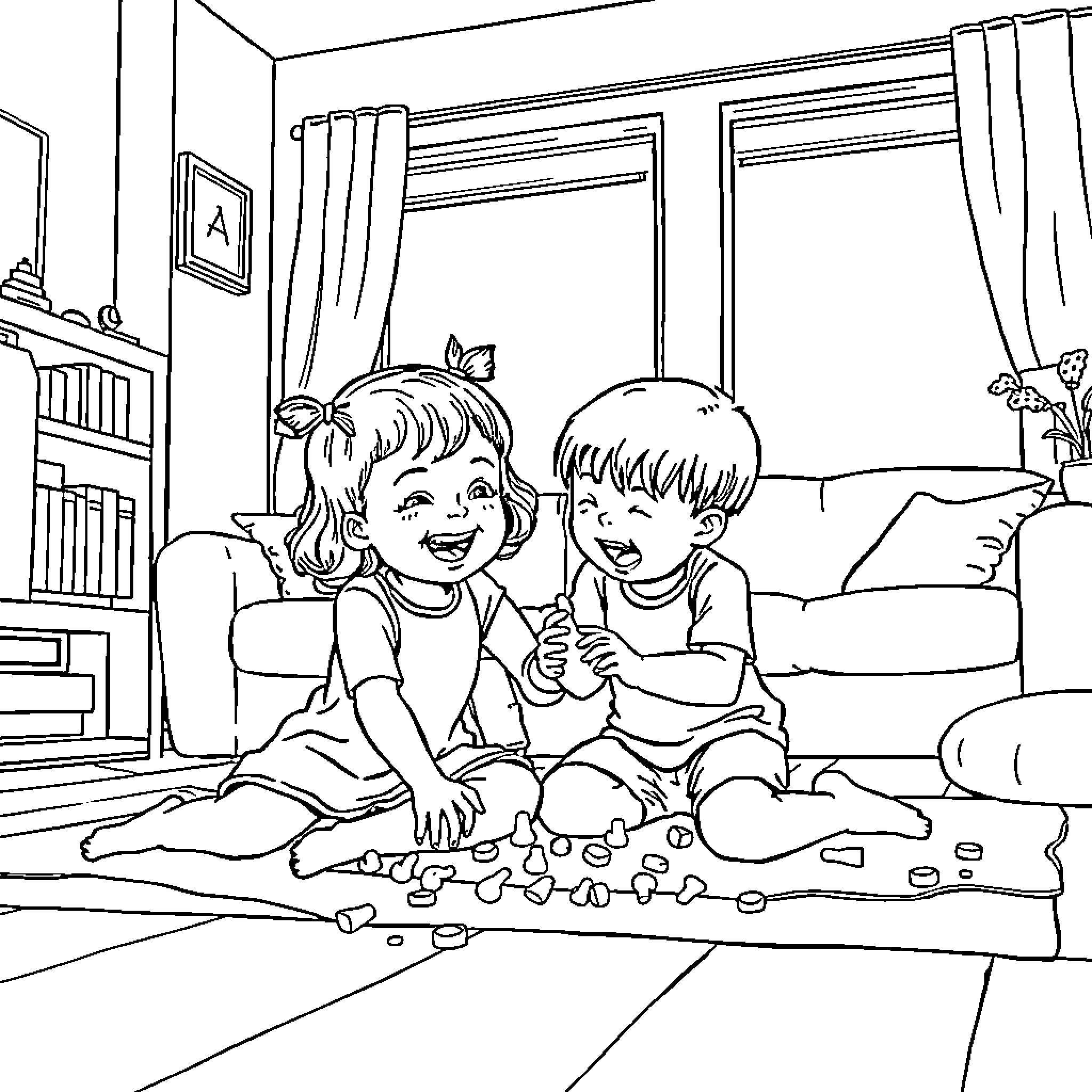Siblings playing joyfully on the floor Coloring Page (free black-and-white line drawing printable PDF for all, from beginners to advanced learners, including children, teens, adults, and seniors)