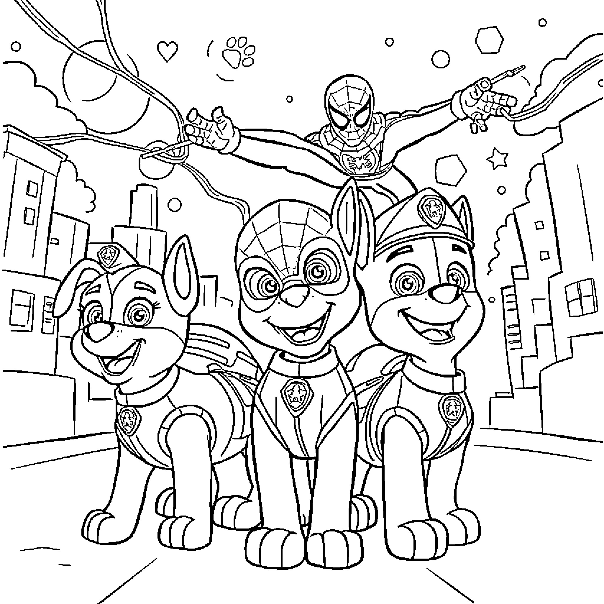 Paw Patrol team and Spiderman in action Coloring Page (free black-and-white line drawing printable PDF for all, from beginners to advanced learners, including children, teens, adults, and seniors)
