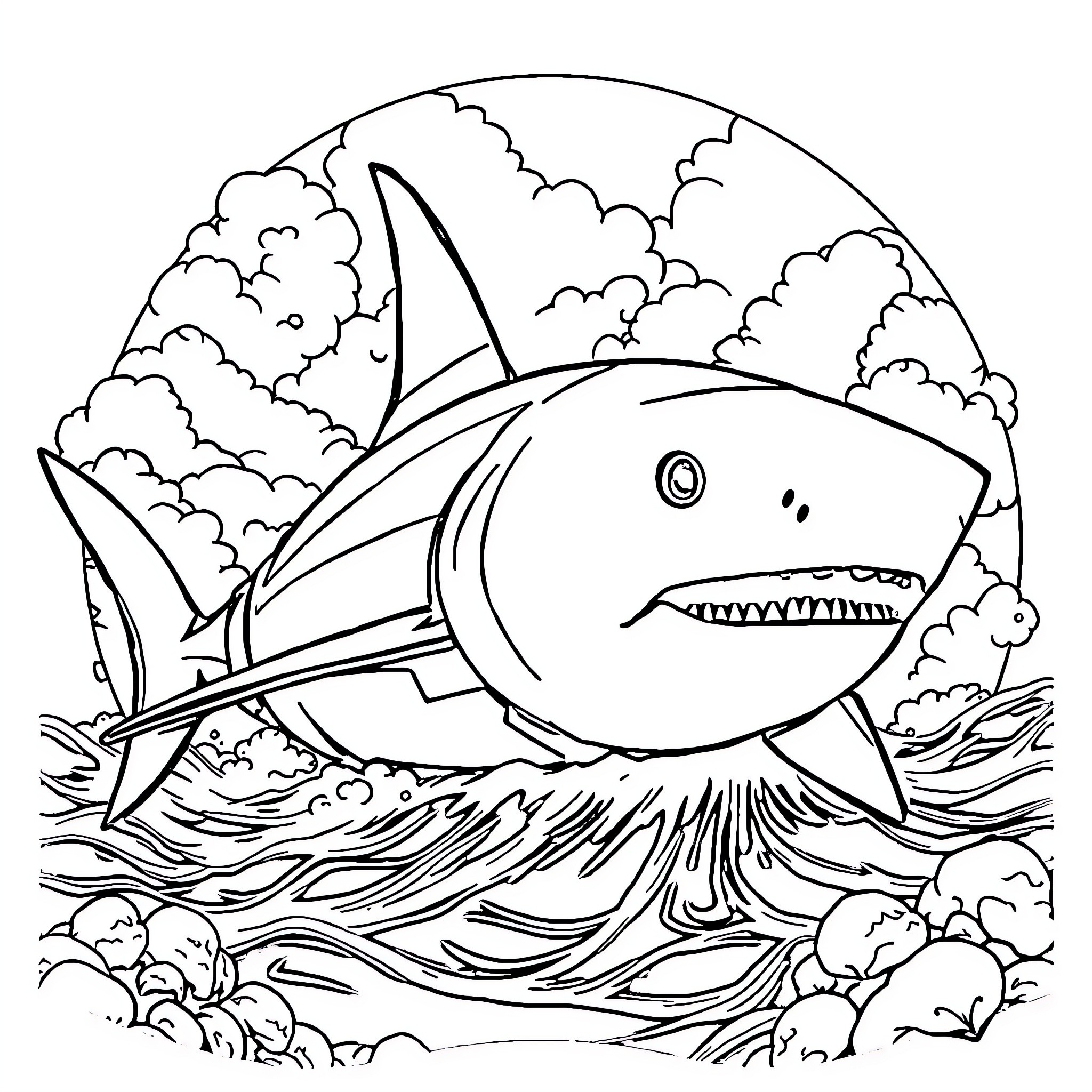Warship Shark Emerging from Stormy Waves Coloring Page (free black-and-white line drawing printable PDF for all, from beginners to advanced learners, including children, teens, adults, and seniors)