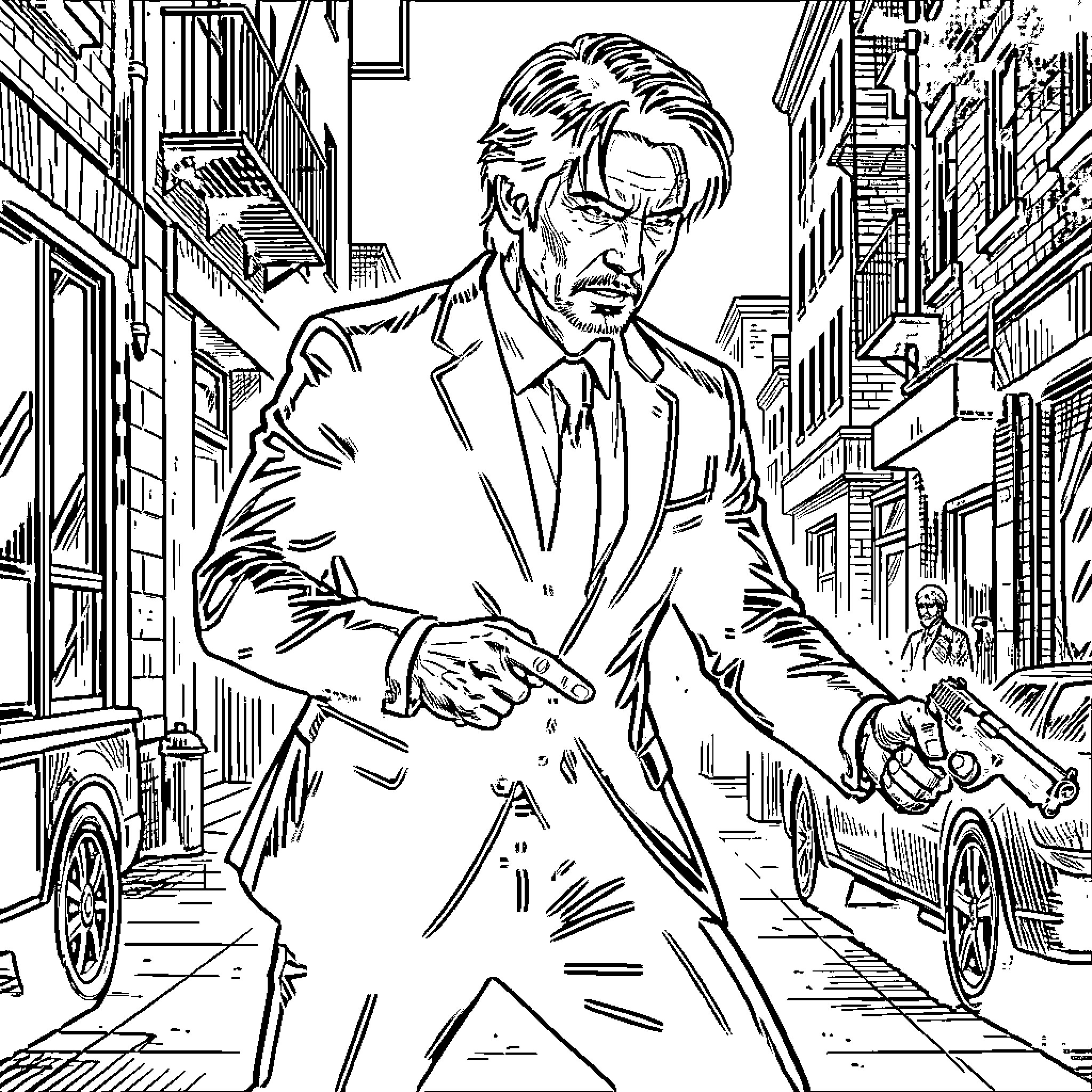 John Wick's Determined Walk Through the City Streets Coloring Page (free black-and-white line drawing printable PDF for all, from beginners to advanced learners, including children, teens, adults, and seniors)